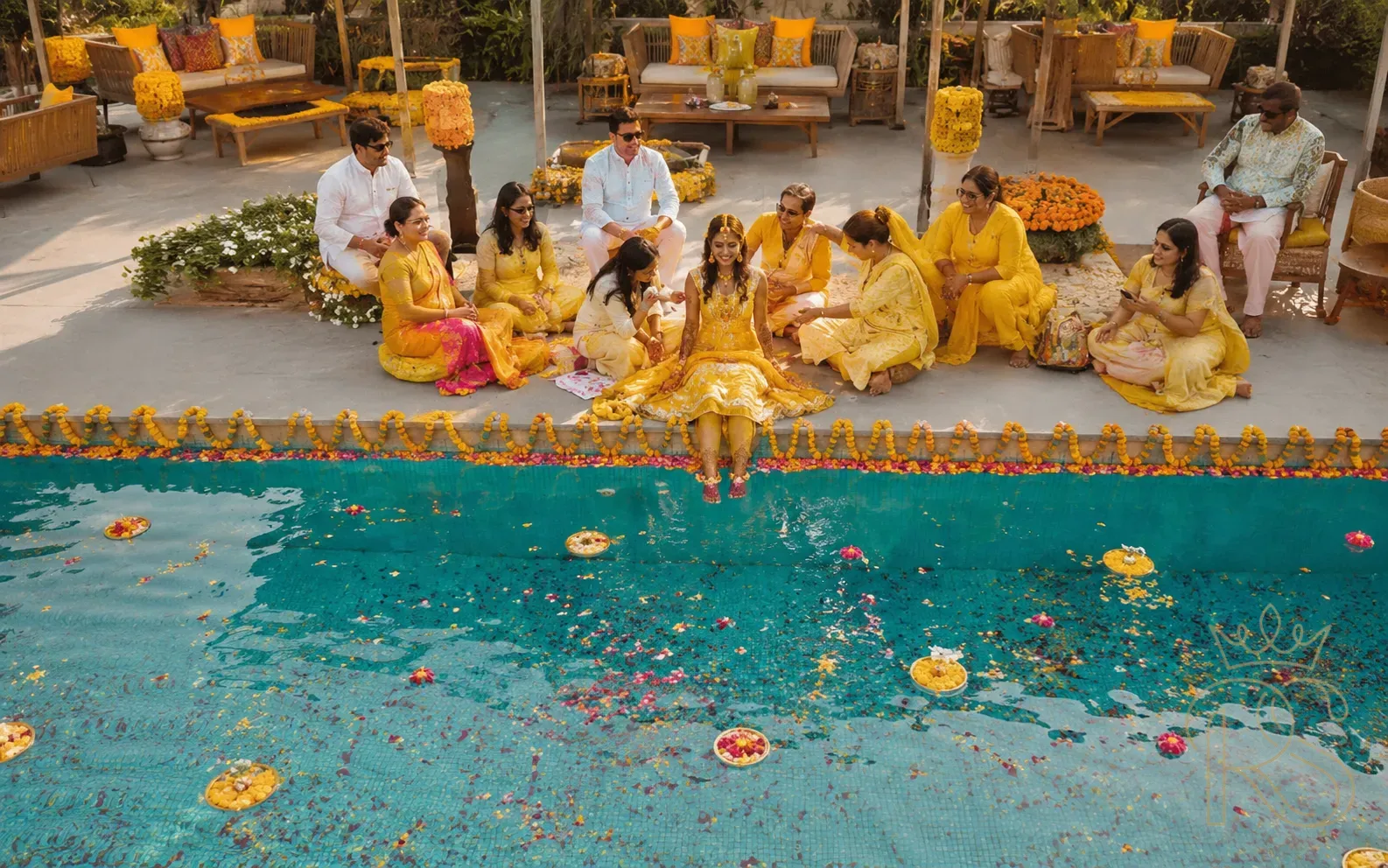 Poolside Haldi ceremony setup at luxury resort with flower petals on turquoise water, marigold garlands and low seating in morning light