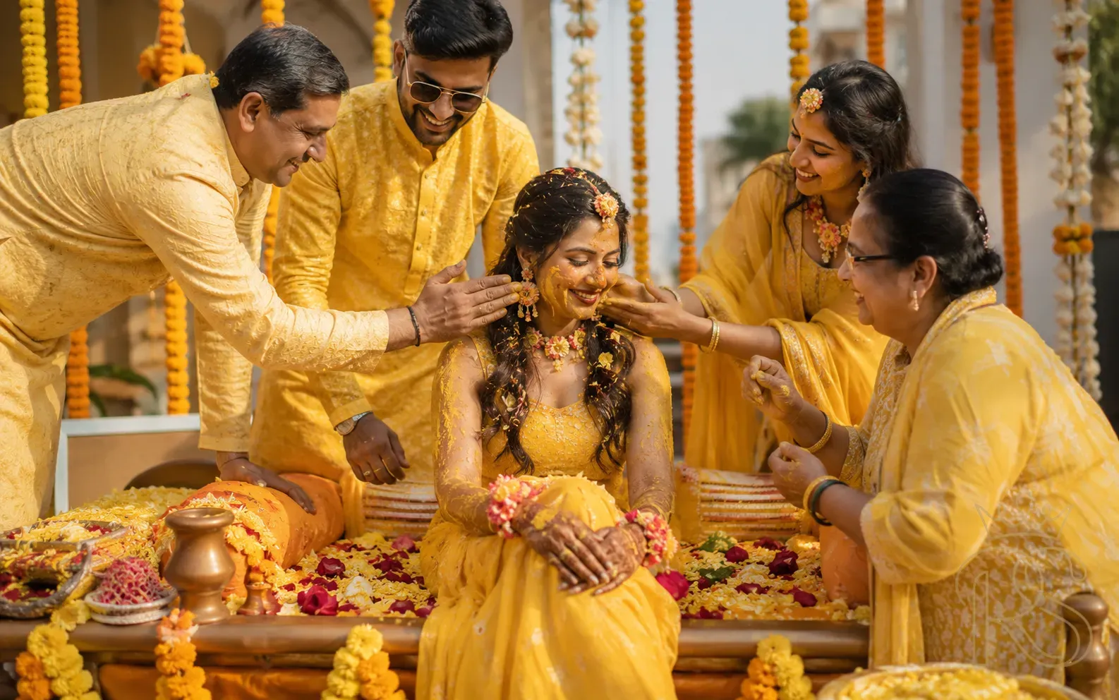 Indian bride seated at a Haldi ceremony surrounded by marigold flowers while family applies turmeric in warm morning light