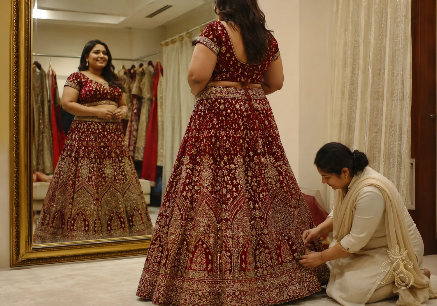 Bride standing for a fitting session in a partially finished bridal lehenga