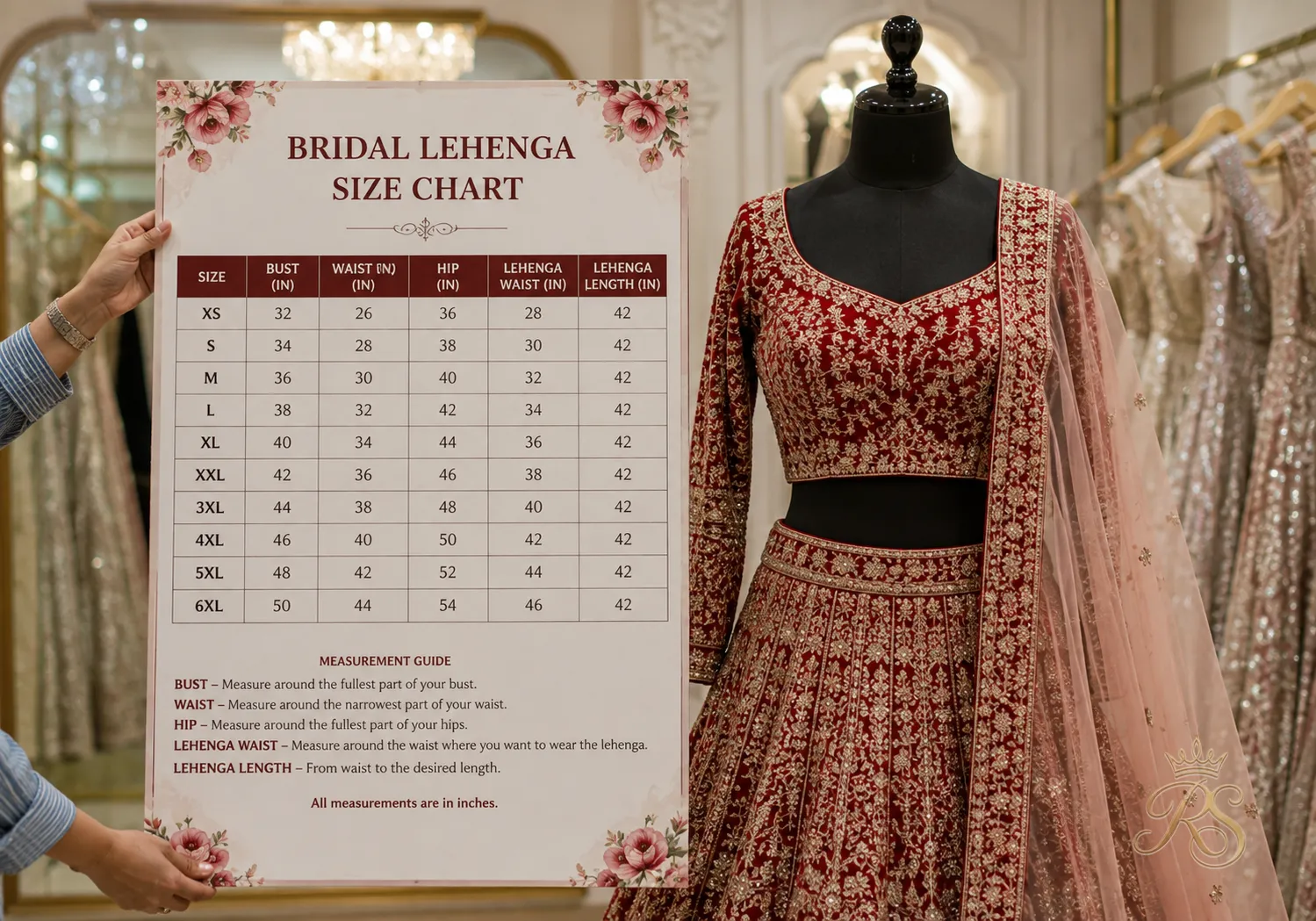 Bridal lehenga size chart with measurements displayed next to a mannequin