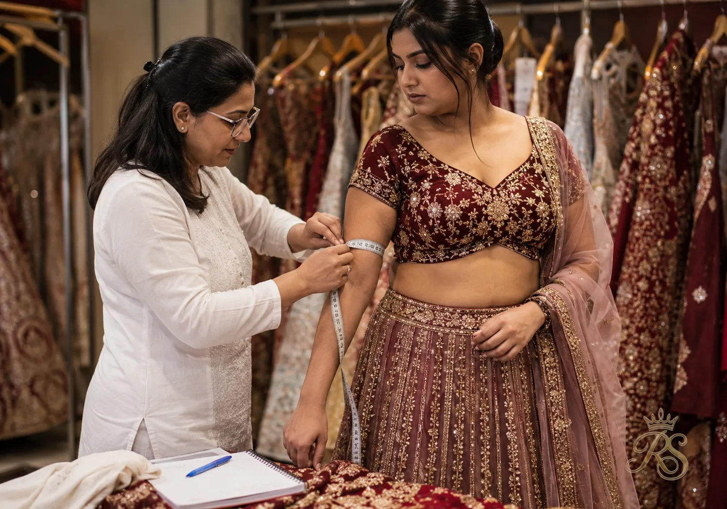 Tailor taking custom measurements for a made-to-order bridal lehenga