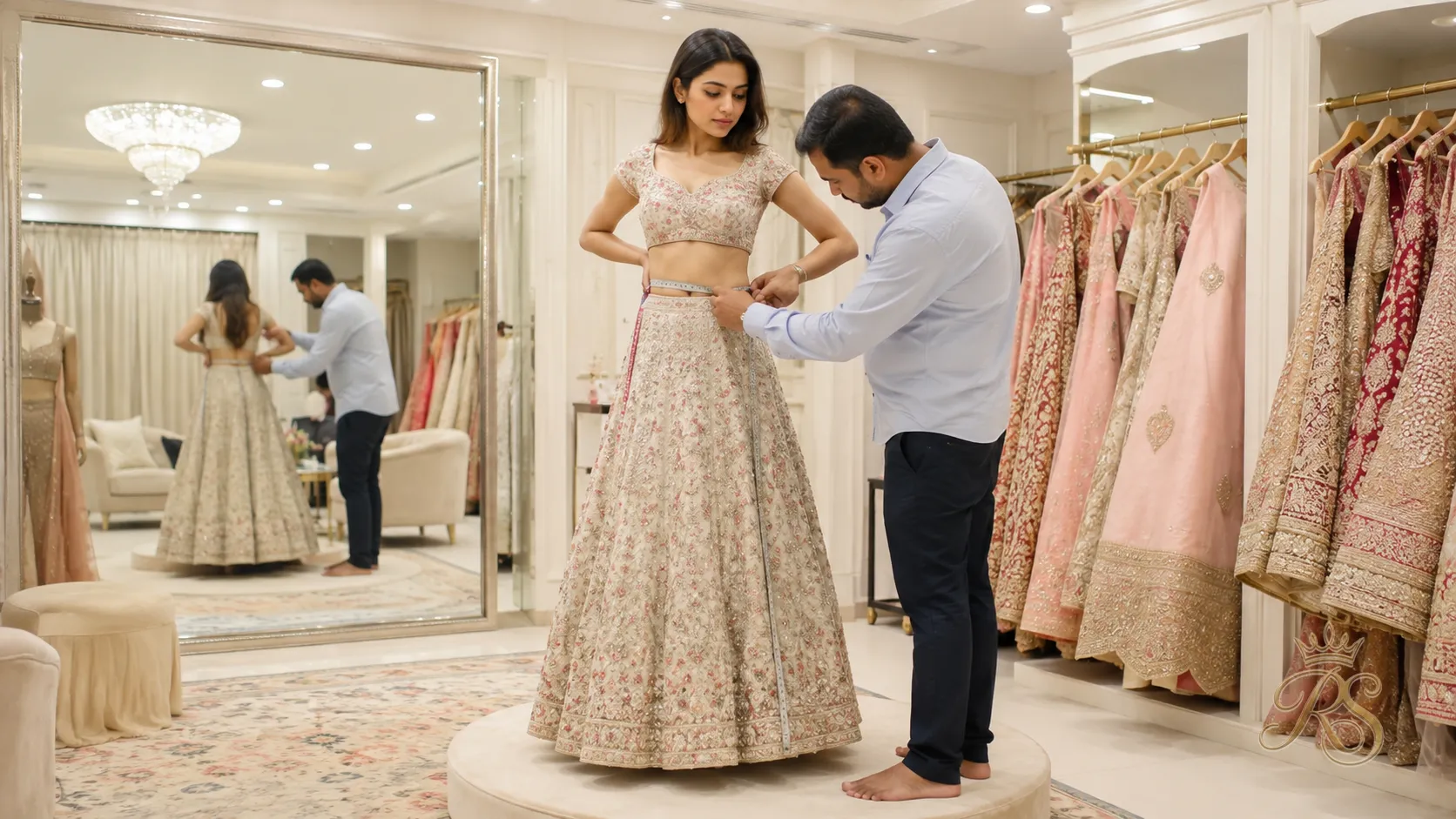 Bride being fitted for her bridal lehenga by a tailor with measuring tape