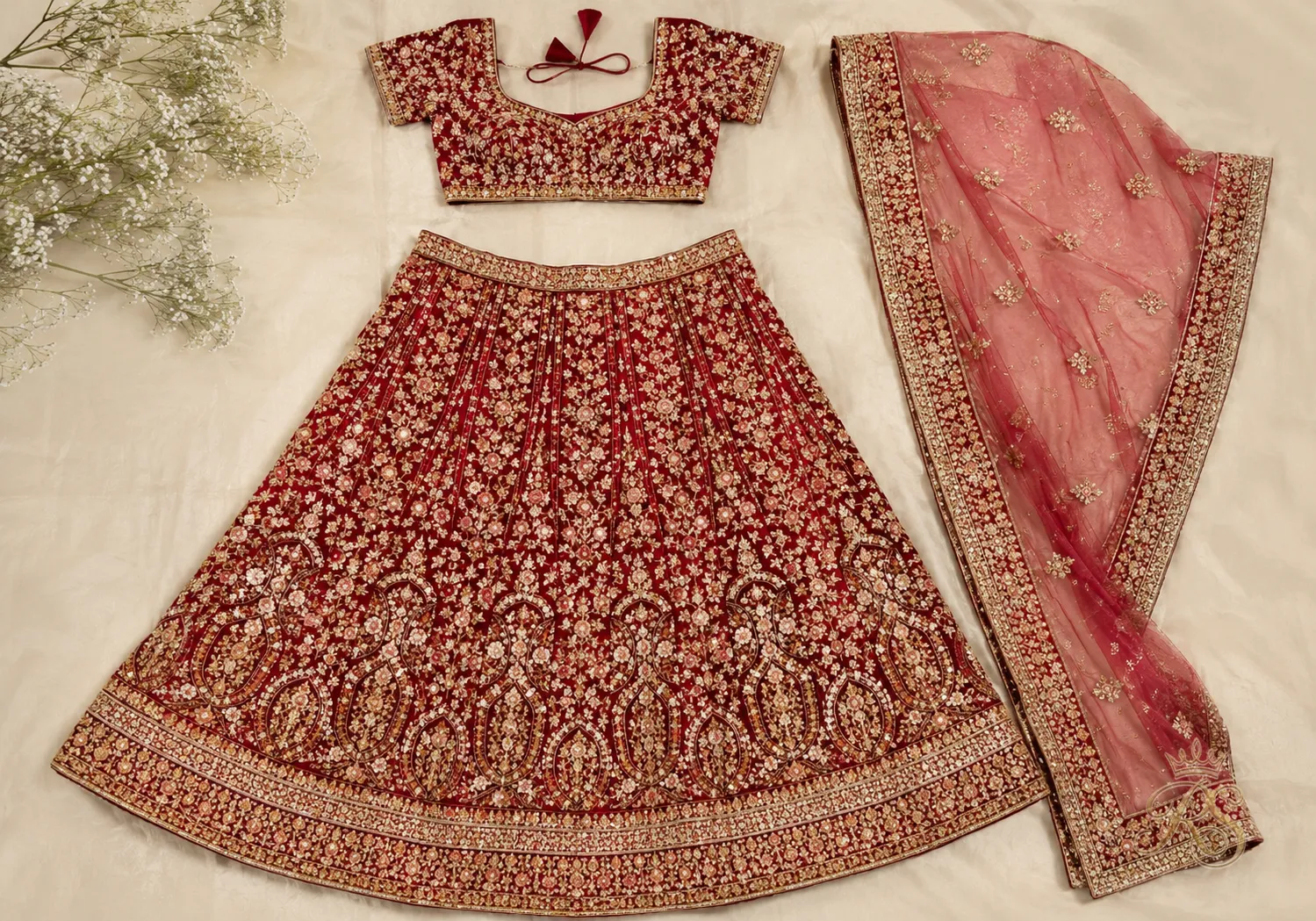 Bridal lehenga laid out showing the choli blouse, skirt, and dupatta as separate pieces