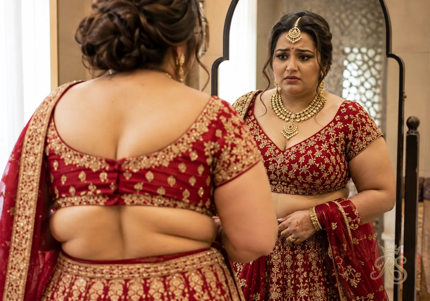 Bride looking concerned while checking a too-tight bridal lehenga blouse in the mirror