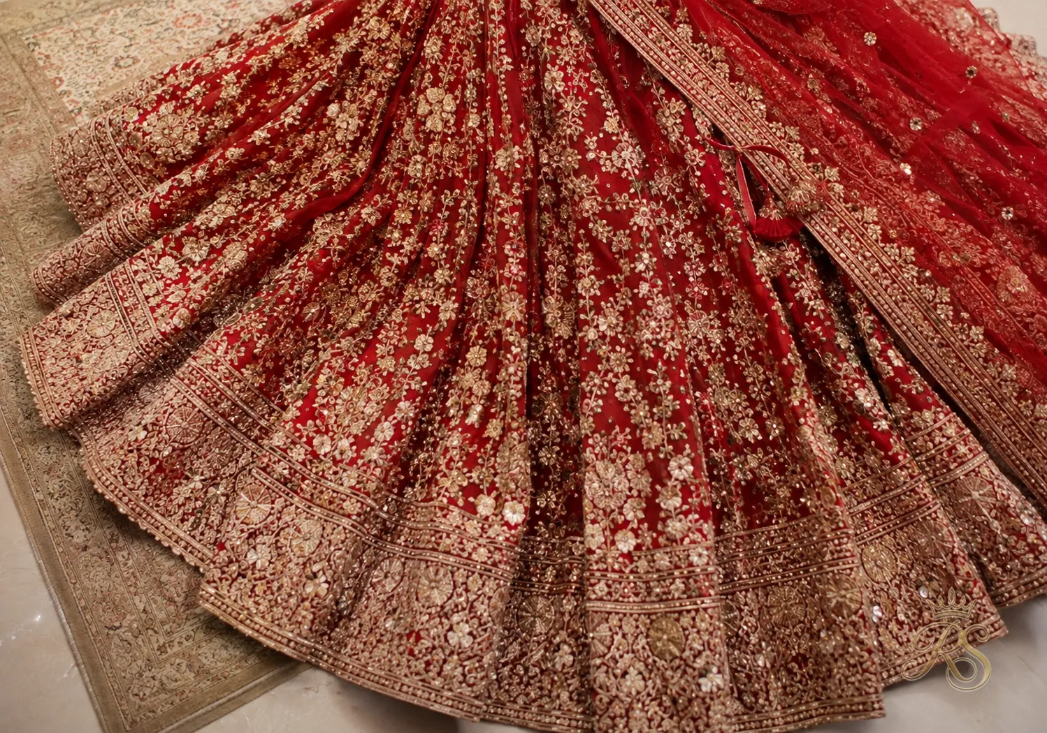 Close-up of the flared skirt portion of a bridal lehenga