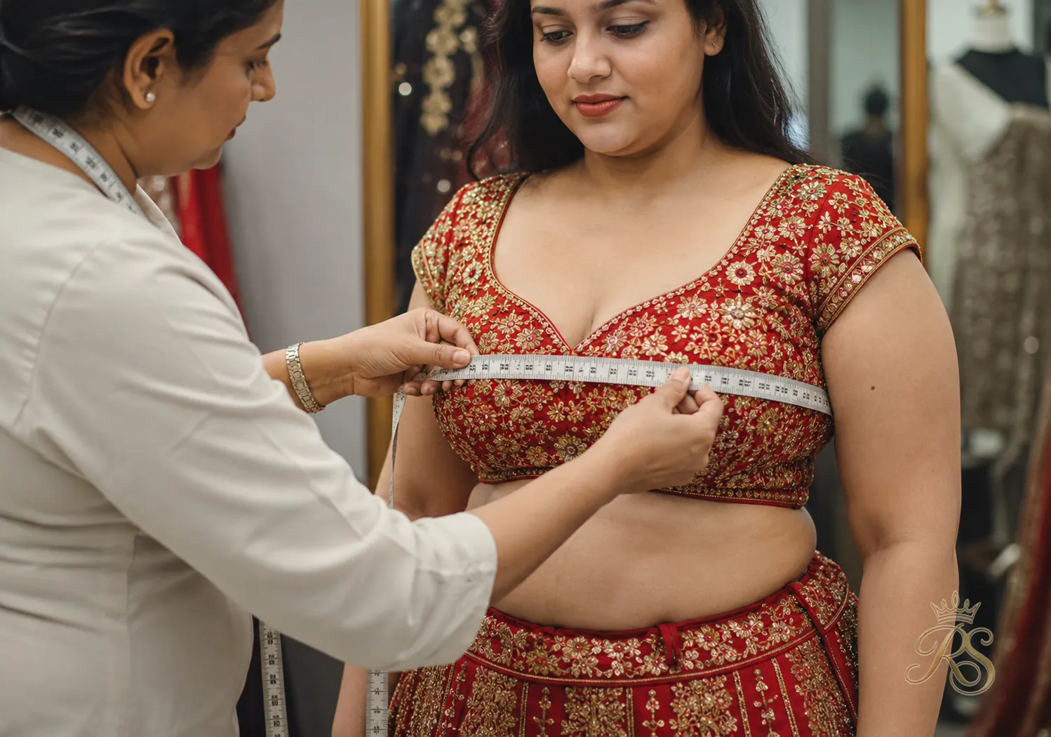 Tailor measuring a bride's bust for a fitted bridal choli blouse