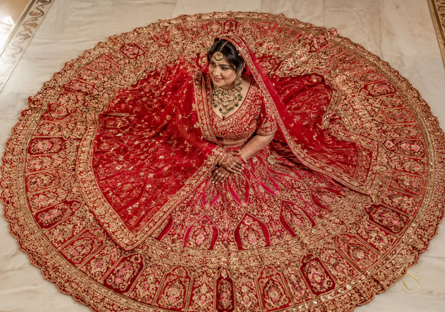 Bridal lehenga with a wide circular flare spread out to show volume