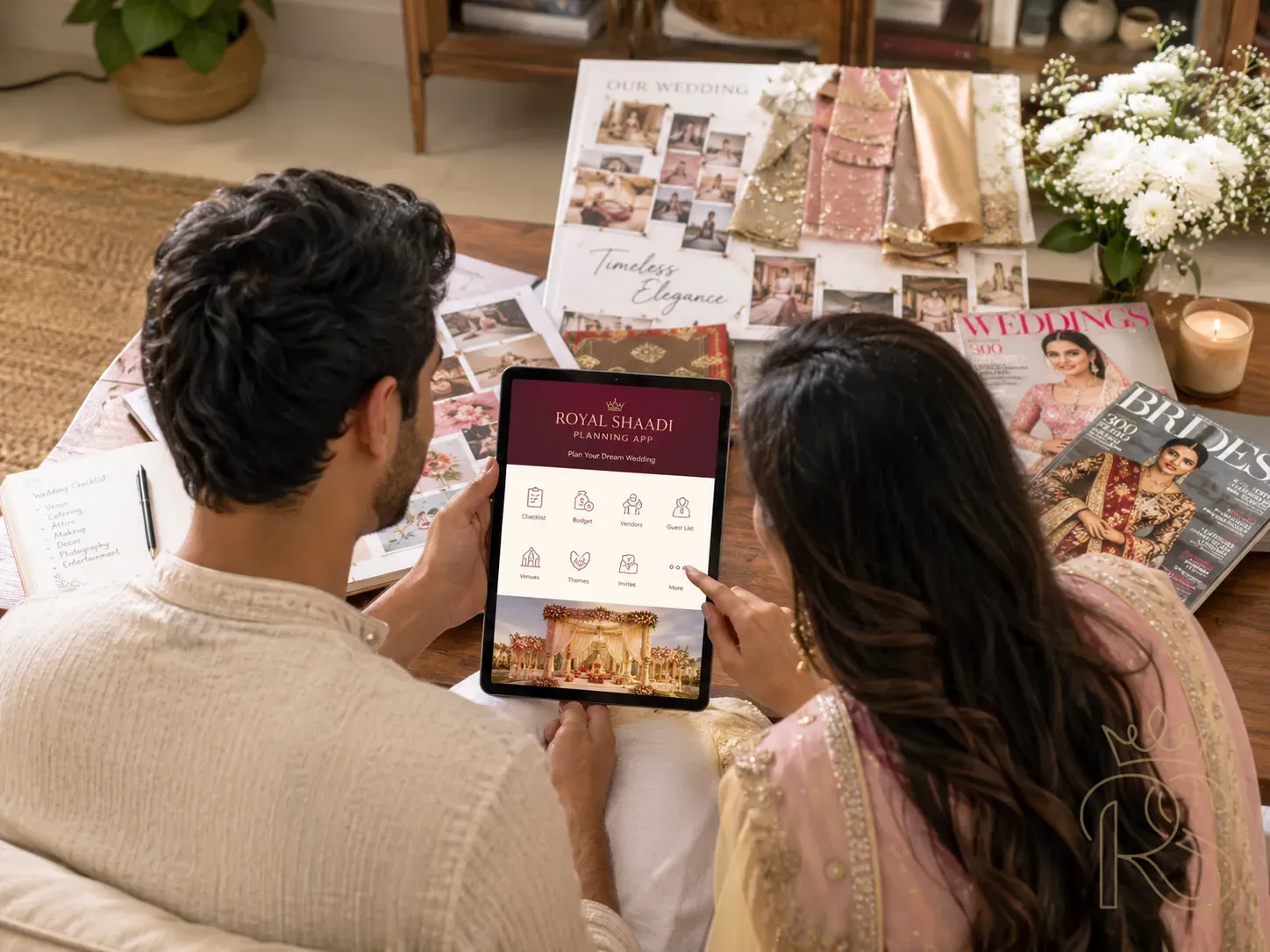 Indian couple using a wedding planning app on a tablet together, surrounded by wedding mood boards, fabric swatches and bridal magazines, cosy well-lit room, natural home setting, modern lifestyle photography, warm tones