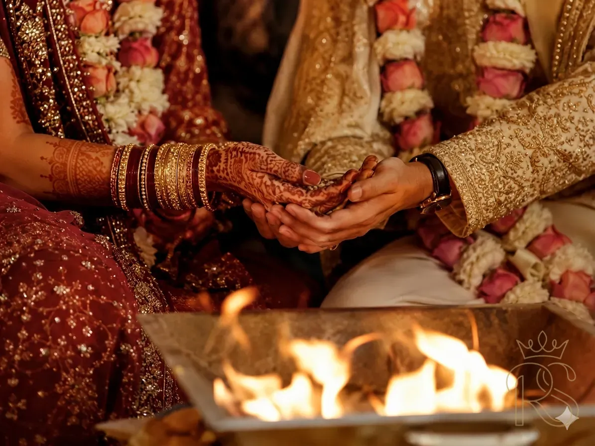 Cinematic still from an Indian wedding film — close-up of bride and groom's hands during pheras ritual near the sacred fire, intricate mehndi on bride's hands, groom's gold-embroidered sherwani sleeve, warm firelight, shallow depth of field, film photography aesthetic