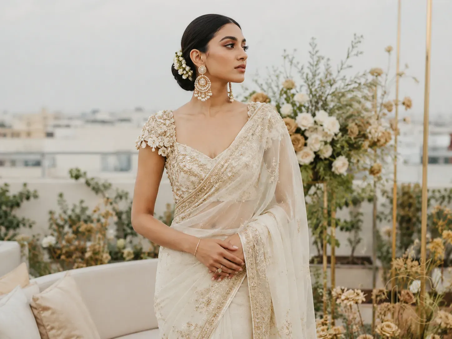 Modern Indian bride in contemporary pre-draped bridal saree — ivory and gold with structured blouse, 3D floral appliqué, minimalist makeup, rooftop wedding backdrop