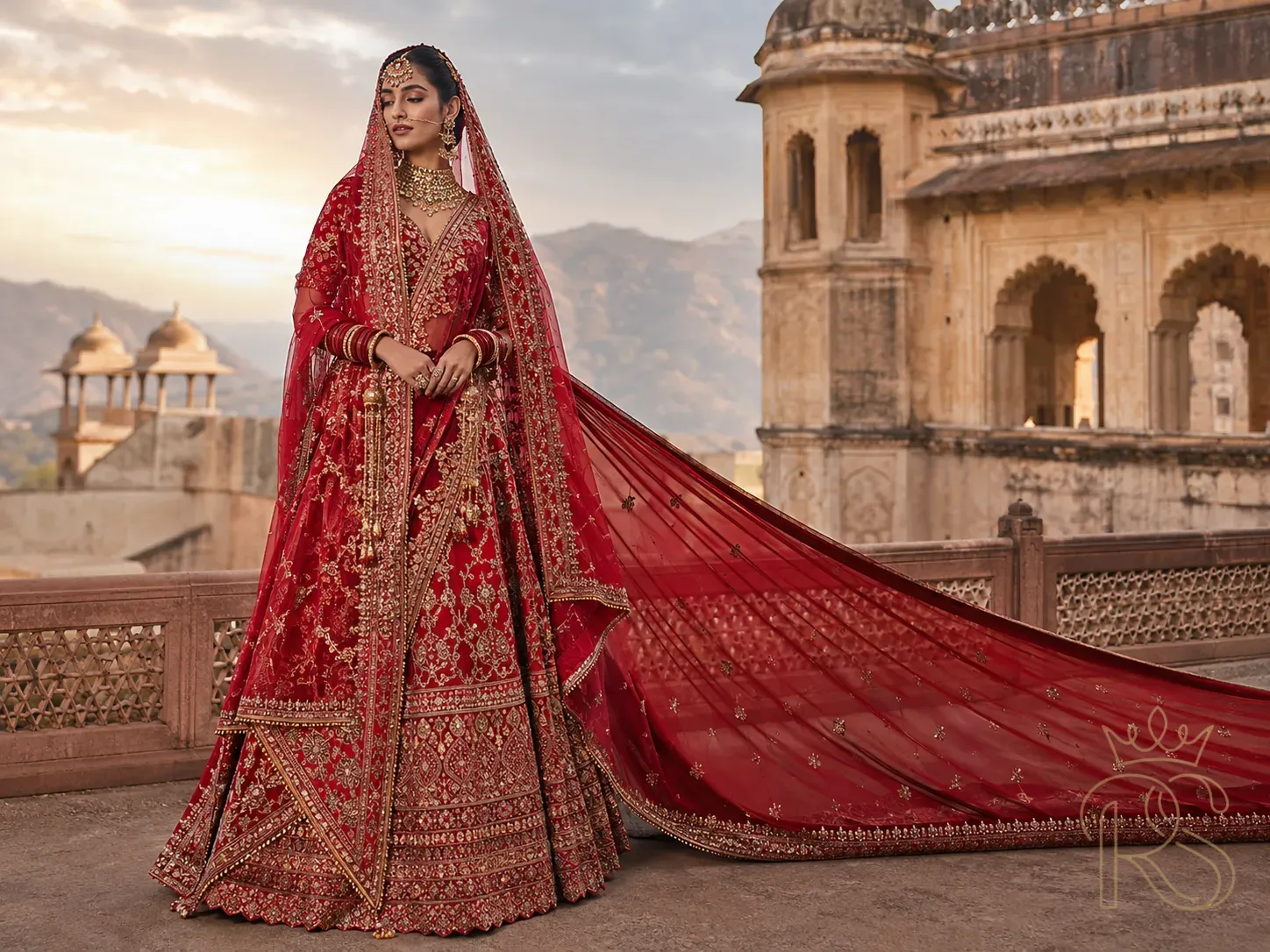 Indian bride wearing double dupatta styling — one dupatta draped traditionally, second styled as a trailing train, rich lehenga with gold embroidery, heritage location