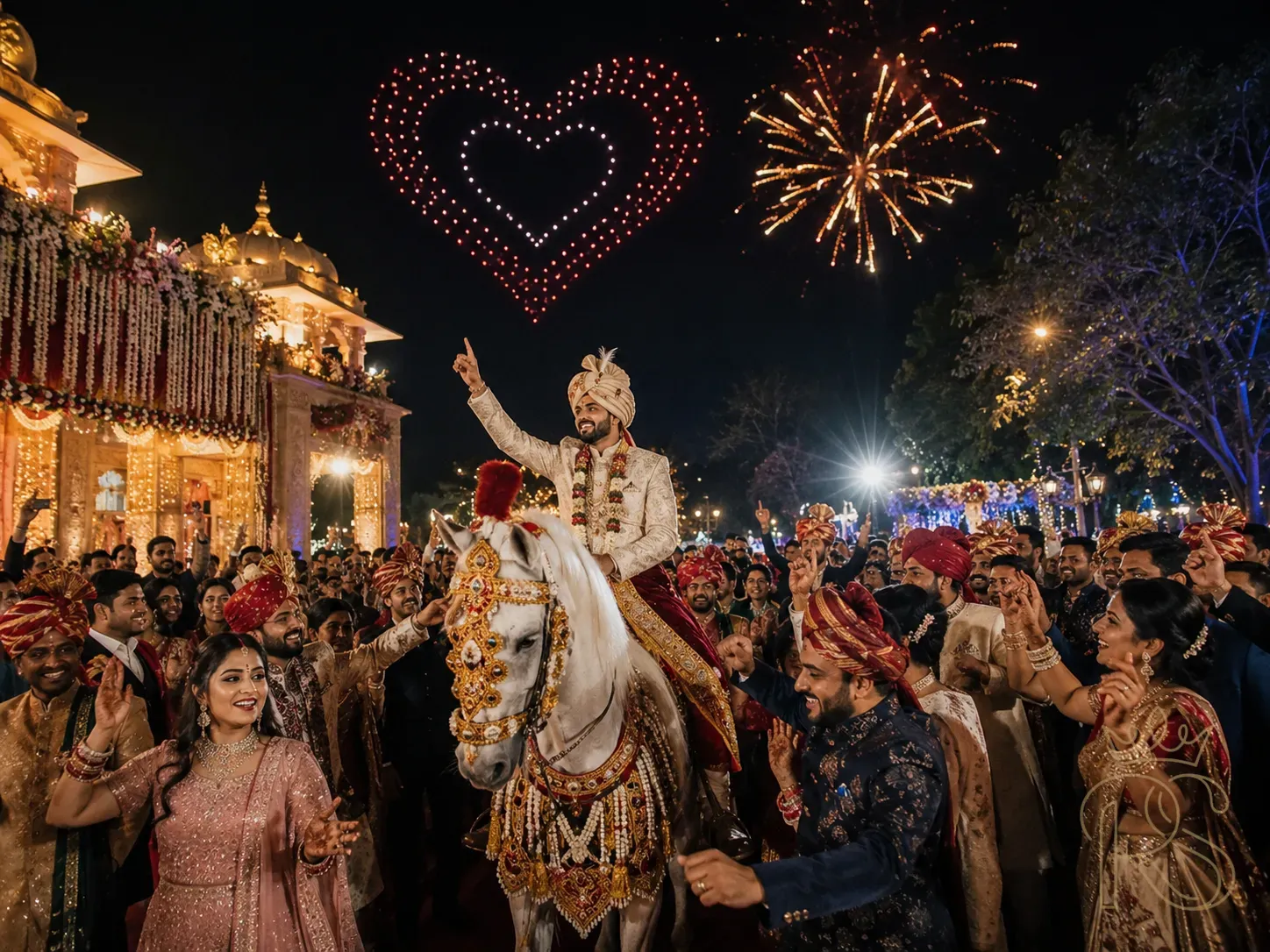 Spectacular Indian groom baraat procession at night — groom on white decorated horse, surrounded by family dancing, overhead drone light display forming a heart shape in the sky, fireworks in background, joyful crowd, wedding photography, festive atmosphere