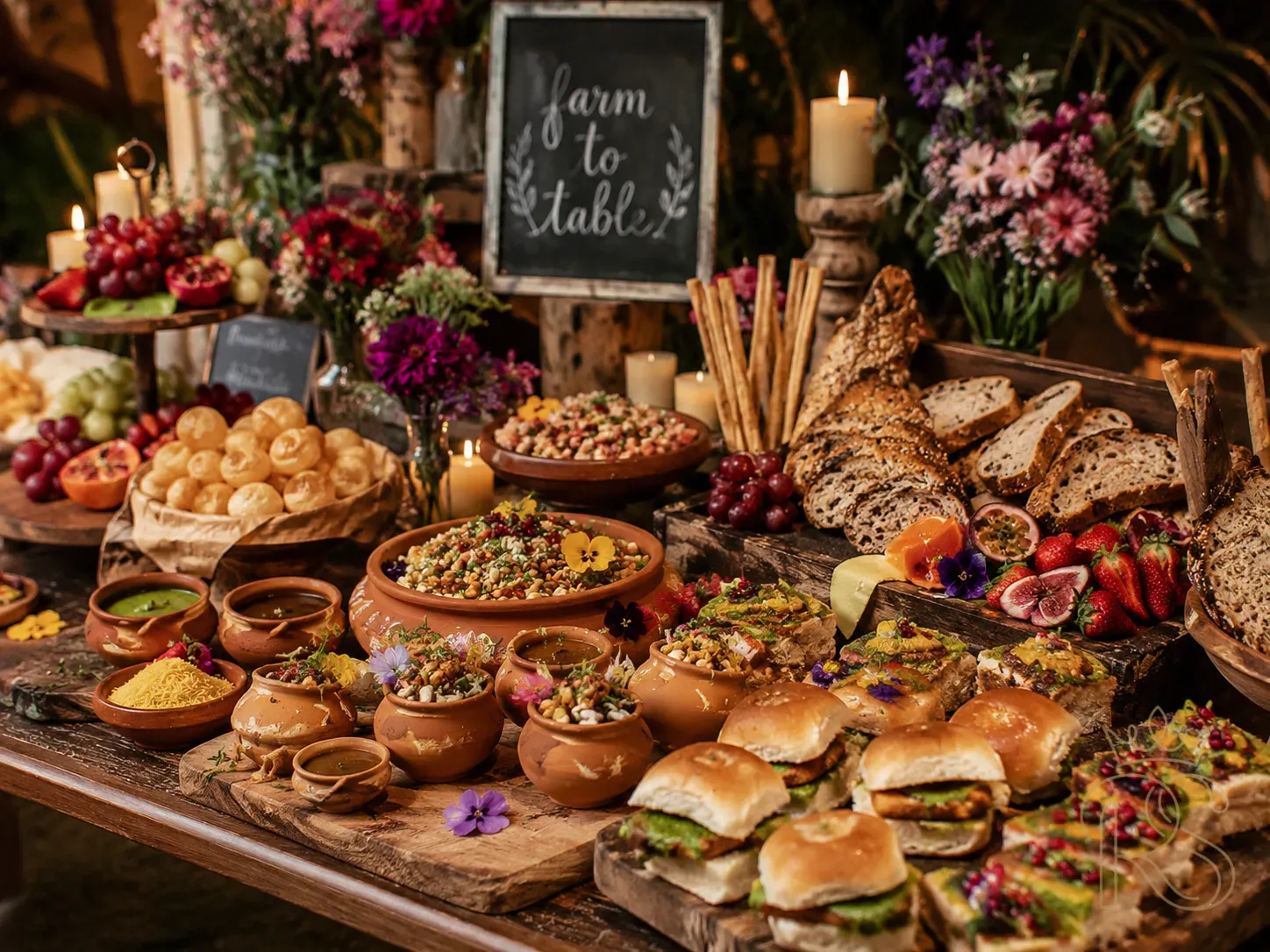 Elegant farm-to-table Indian wedding food display — grazing table with locally sourced fruits, artisanal breads, traditional Indian street food in clay pots, edible flower garnishes, rustic wooden board presentation, warm candlelight, food photography style