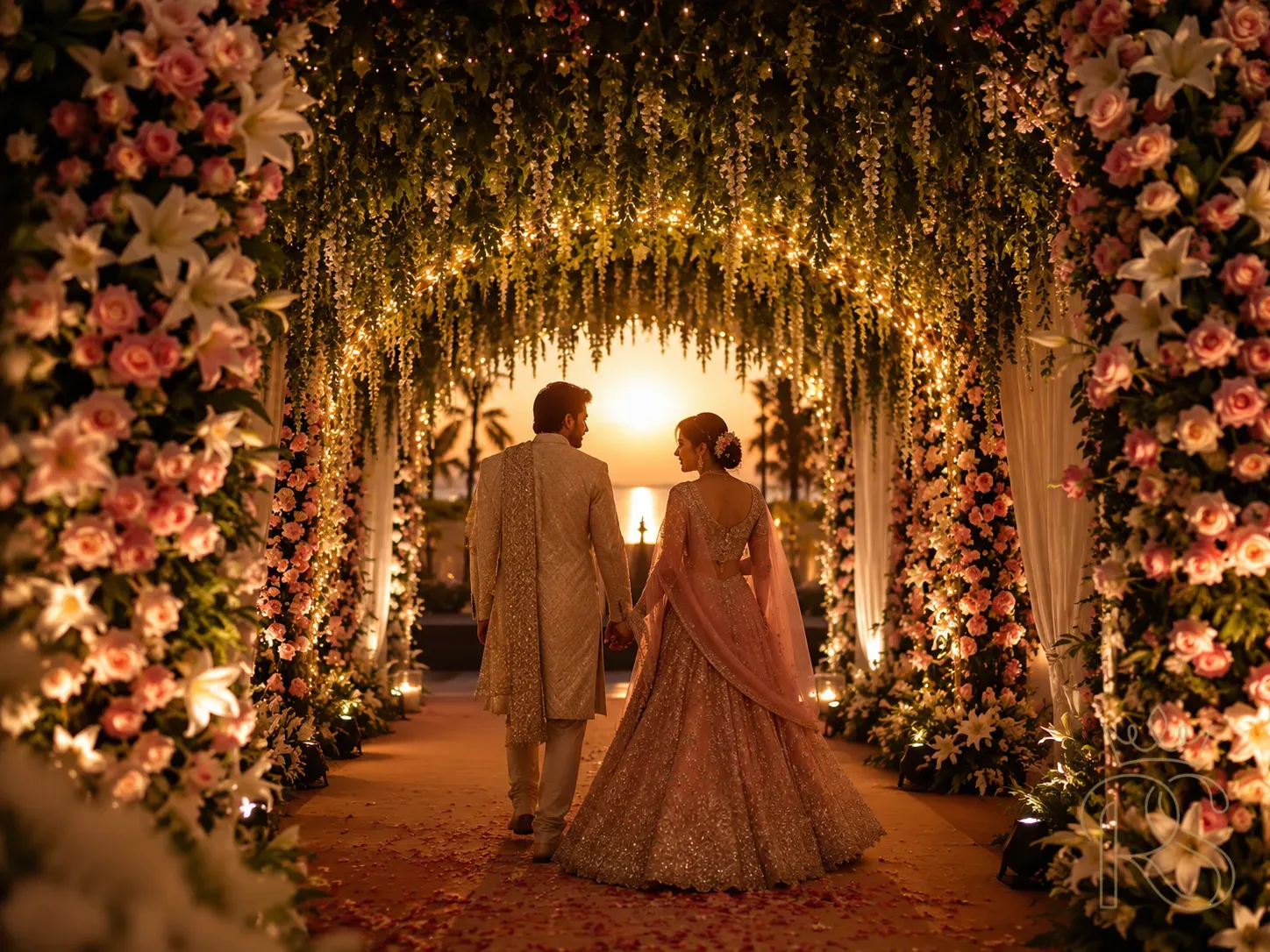 Indian wedding venue entry featuring a dramatic floral tunnel arch made of pink roses, white lilies, and cascading green leaves, fairy lights woven through, couple walking through at sunset, romantic editorial photography, golden bokeh
