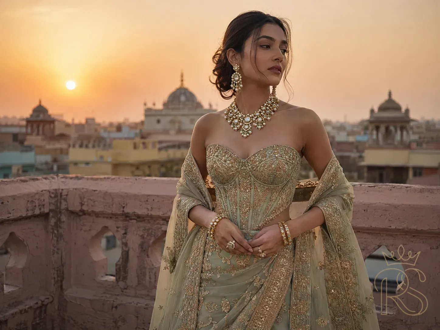 Indian bride in a fusion bridal outfit — structured corset blouse with traditional gold zari embroidery combined with a draped sage green lehenga skirt, editorial fashion photography at sunset
