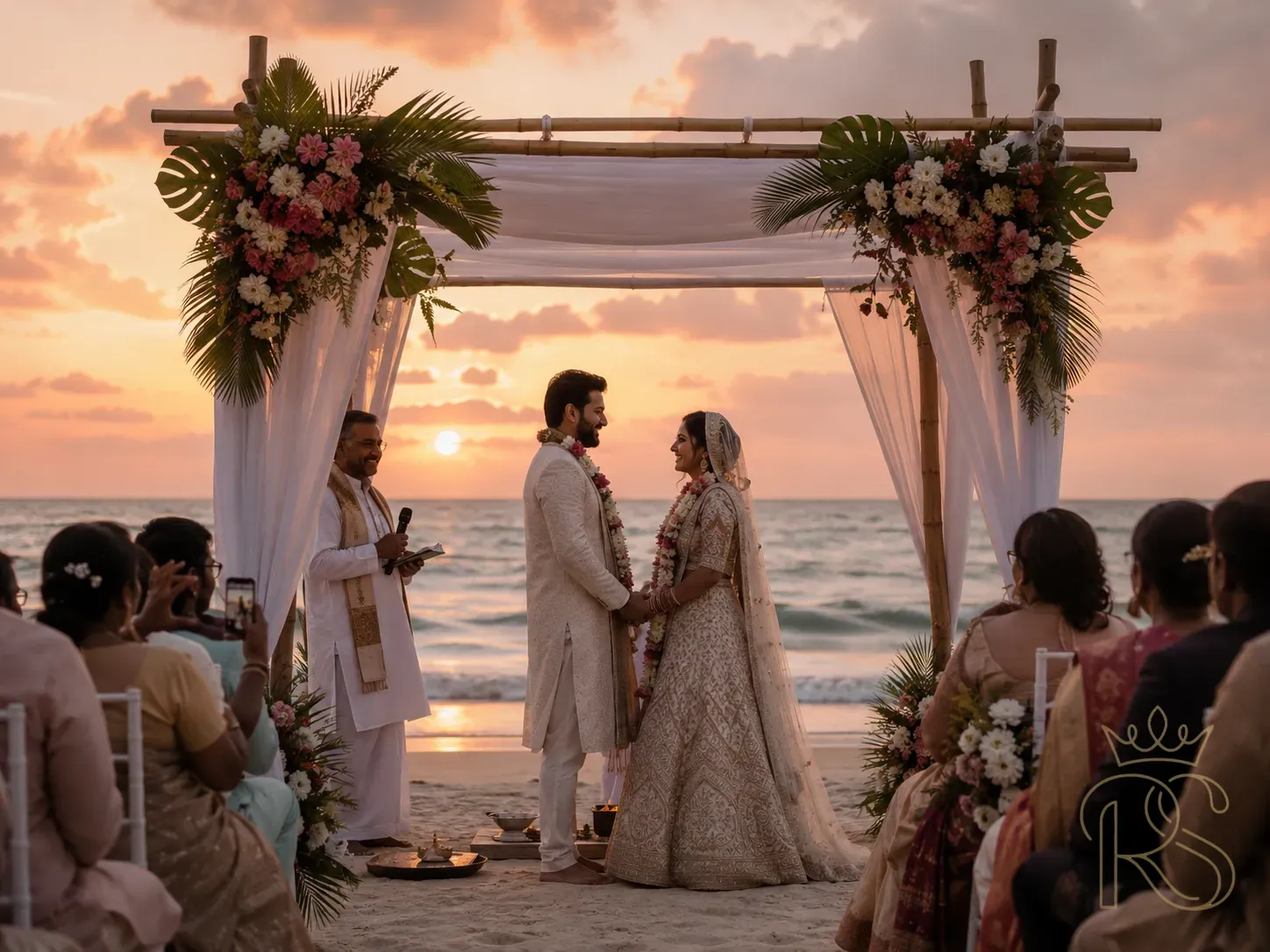 Romantic Indian beach wedding in Goa at sunset — barefoot ceremony on white sand, bamboo arch with tropical flowers, bride in ivory and gold lehenga, warm orange sky, ocean waves in background, documentary wedding photography style