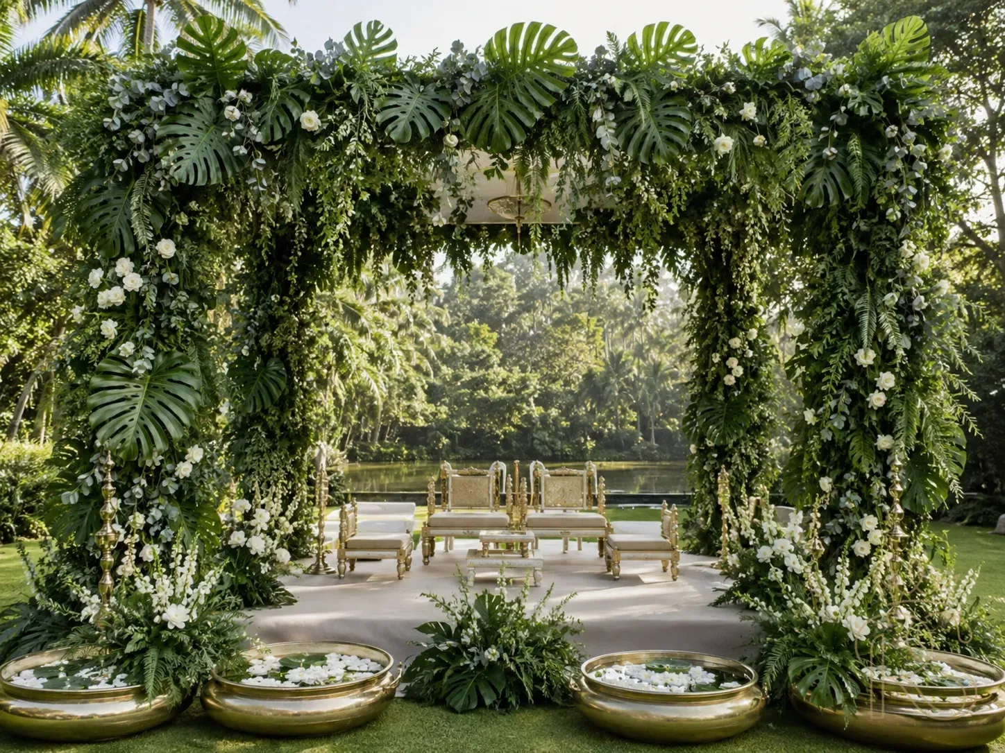Indian wedding mandap made entirely from tropical greenery — monstera leaves, ferns, eucalyptus — with white flower accents, brass urlis with floating flowers, minimalist luxury, outdoor garden setting, editorial wedding photography