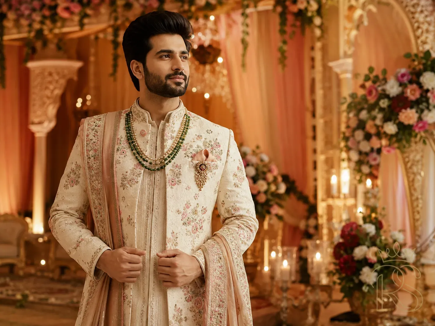Indian groom in a modern fusion sherwani — tailored ivory with minimal gold thread embroidery, relaxed linen-look fabric, traditional churidar and embroidered juttis