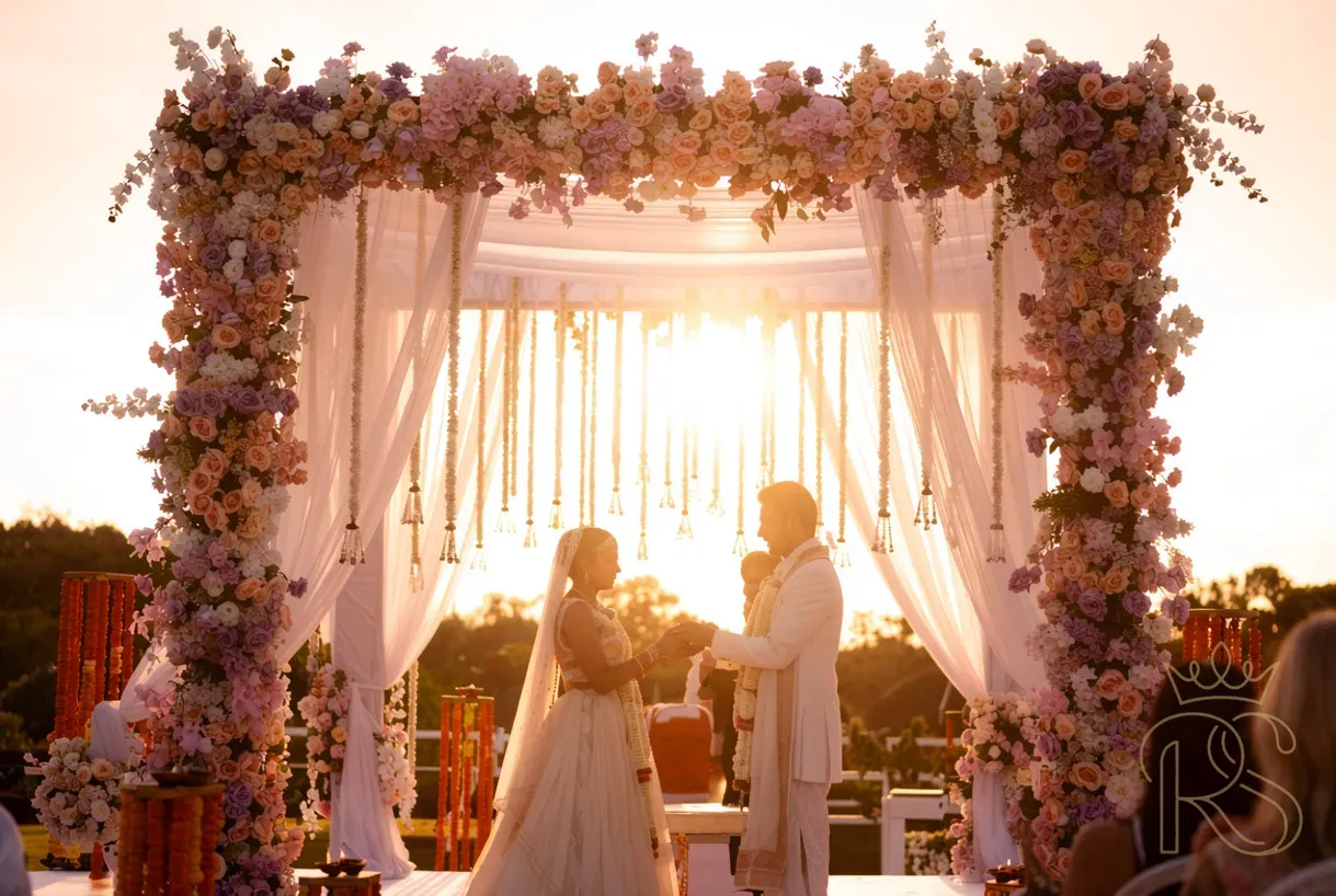 Indian wedding ceremony with pastel floral mandap at golden hour