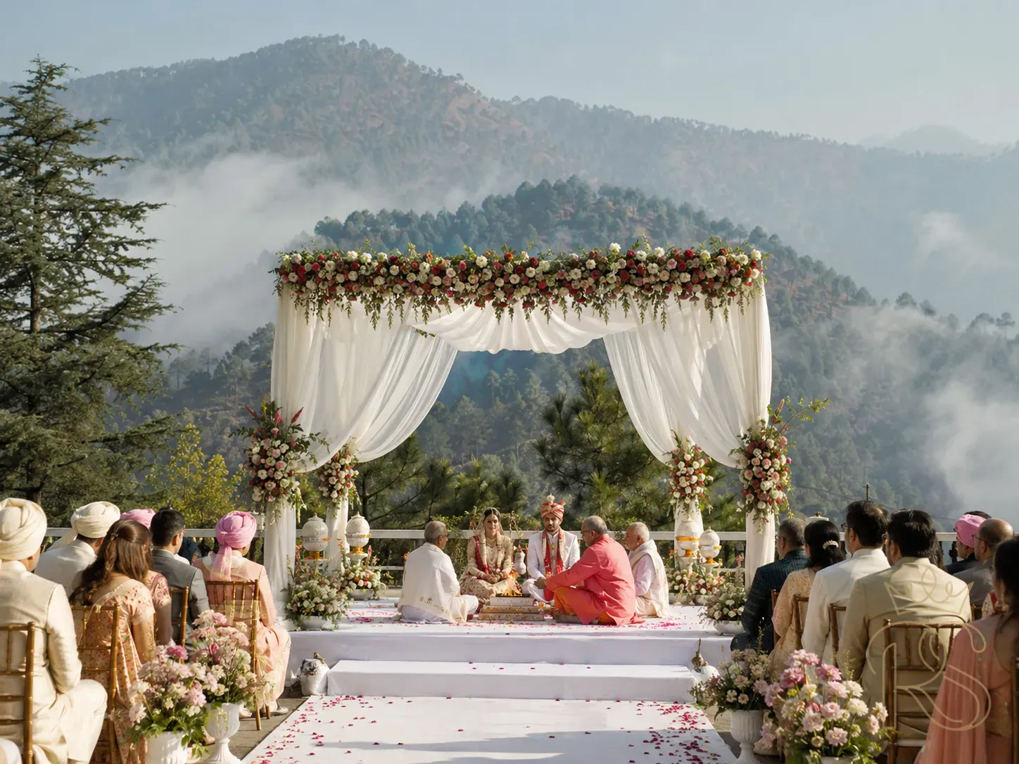 Outdoor Indian wedding ceremony set on a misty hill station with a mandap overlooking pine forests and mountains