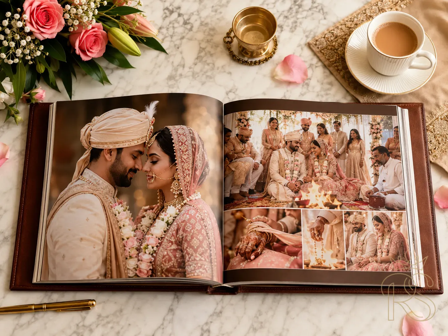 Luxury Indian wedding album — large format leather-bound photo book open to a double-page spread of wedding photography, placed on a marble surface with fresh flowers and a cup of chai, flat lay lifestyle photography, warm tones