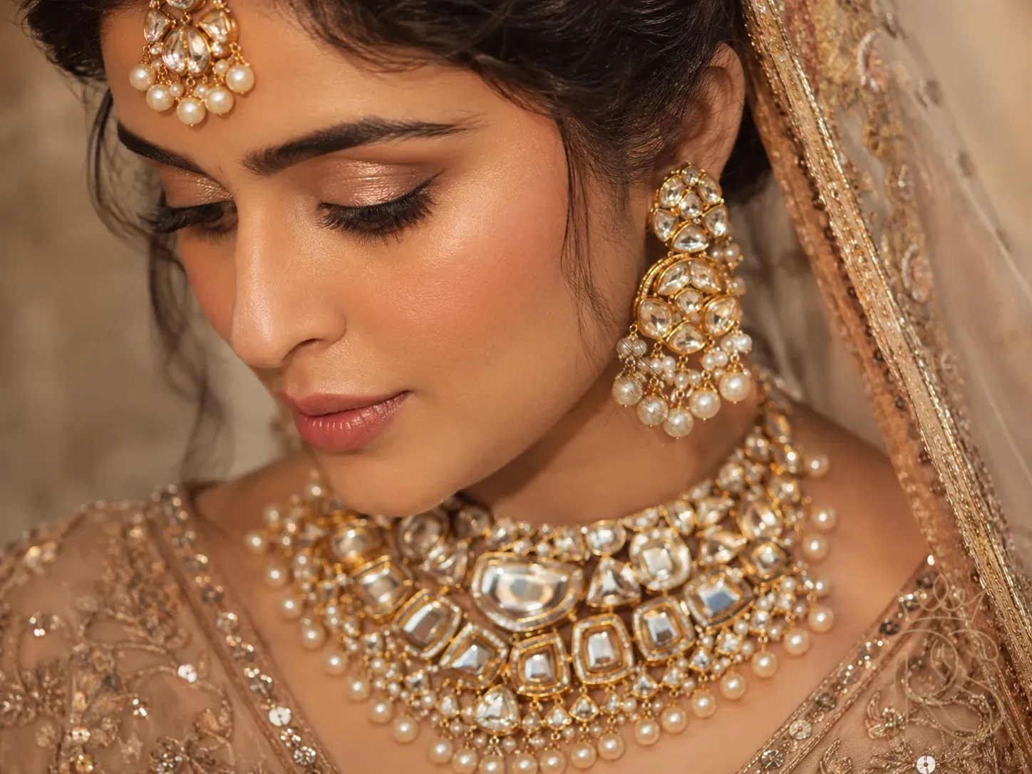 Close-up of an Indian bride wearing polki diamond and pearl jewellery set