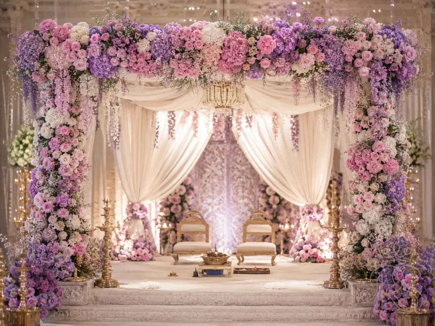 Indian wedding mandap decorated with pastel flowers and brass lamps