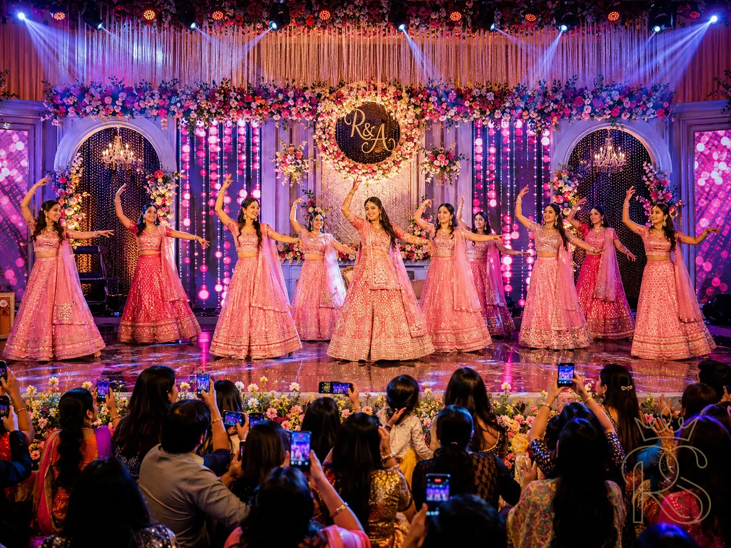 Vibrant Indian wedding sangeet night — elaborately decorated stage with flowers and LED lighting, bride and bridesmaids performing a choreographed Bollywood dance in matching pink lehengas, guests cheering and recording on phones, festive atmosphere, wide shot