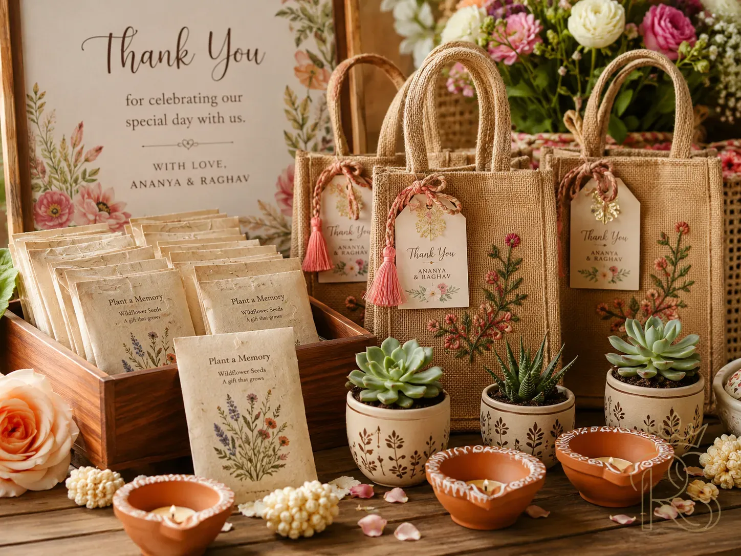 Sustainable Indian wedding return gifts — potted succulents, seed packets in handmade paper envelopes, organic jute gift bags with embroidered details, terracotta diyas, arranged on a wooden table with fresh flowers, product photography style, warm light