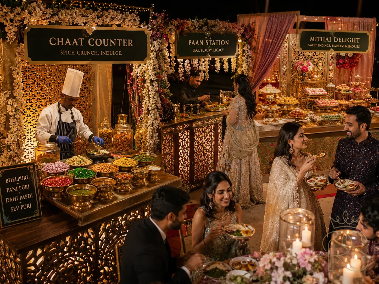 Creative themed Indian wedding food stations — a live chaat counter with colourful ingredients displayed in brass bowls, a paan station with elaborate tray setup, a dessert table with traditional mithai displayed beautifully, guests enjoying food, warm candlelight, event photography