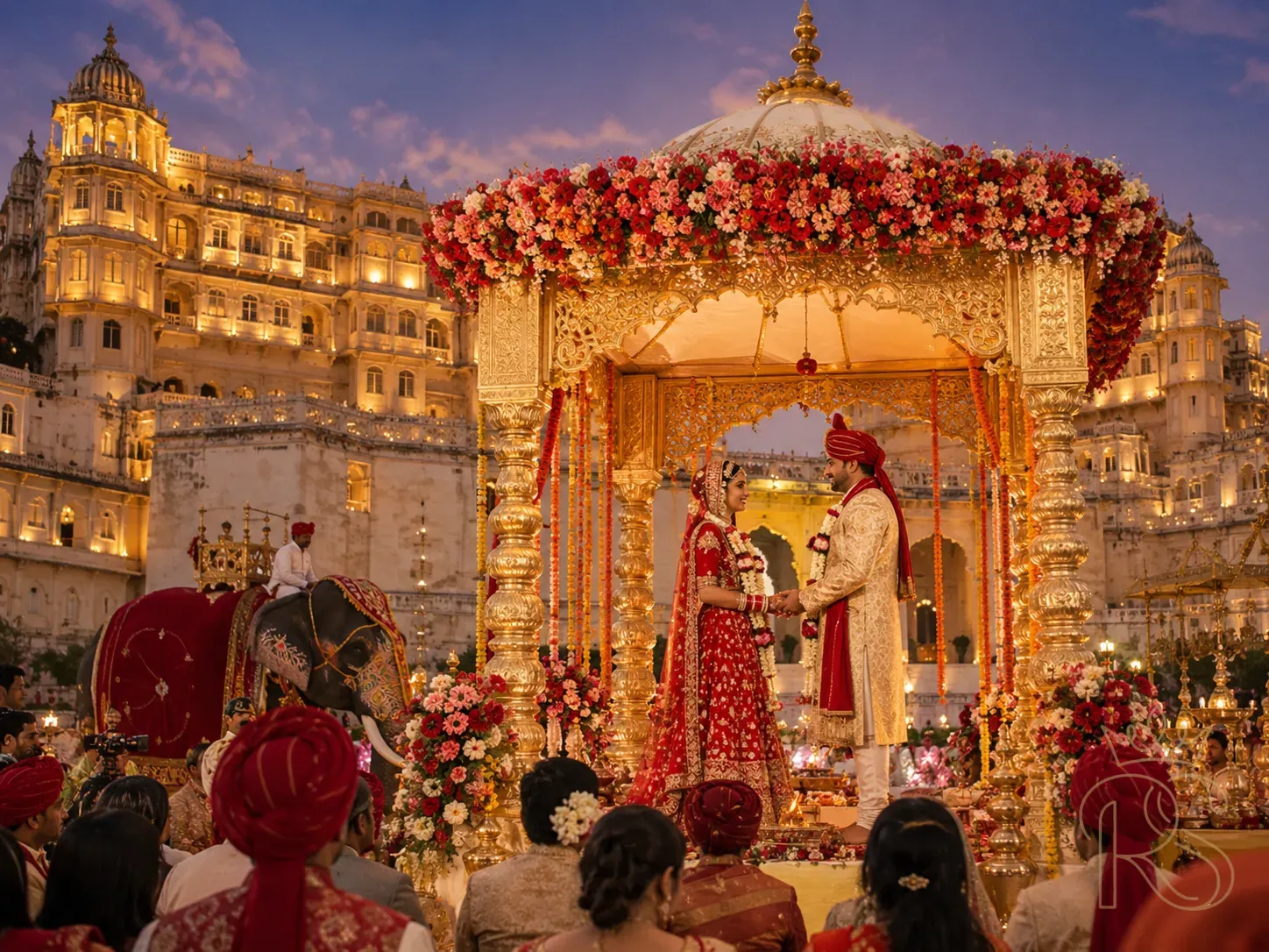 Grand Indian wedding at a heritage Rajasthan palace — Udaipur or Jodhpur — with an illuminated palace facade at dusk, ornate mandap with marigold and rose decorations, elephant in background, royal grandeur, couple in traditional red and gold, editorial photography