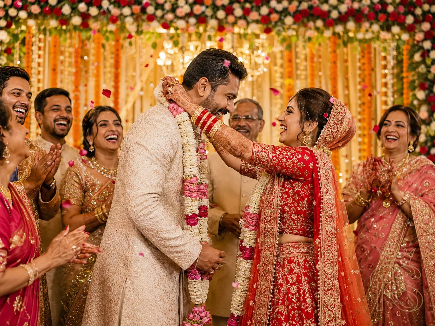 Indian couple exchanging varmala (flower garlands) on a stage decorated with marigolds and roses, joyful laughing expression, family clapping around them, confetti falling, warm golden reception hall lighting, wedding photography, candid moment