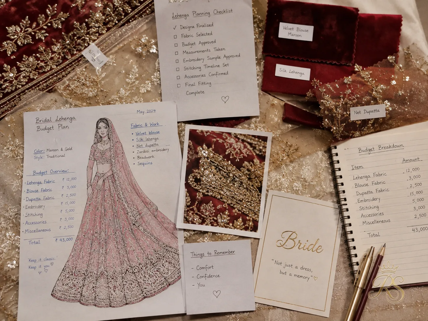 Flatlay of bridal lehenga budget planning with fabric swatches and notes