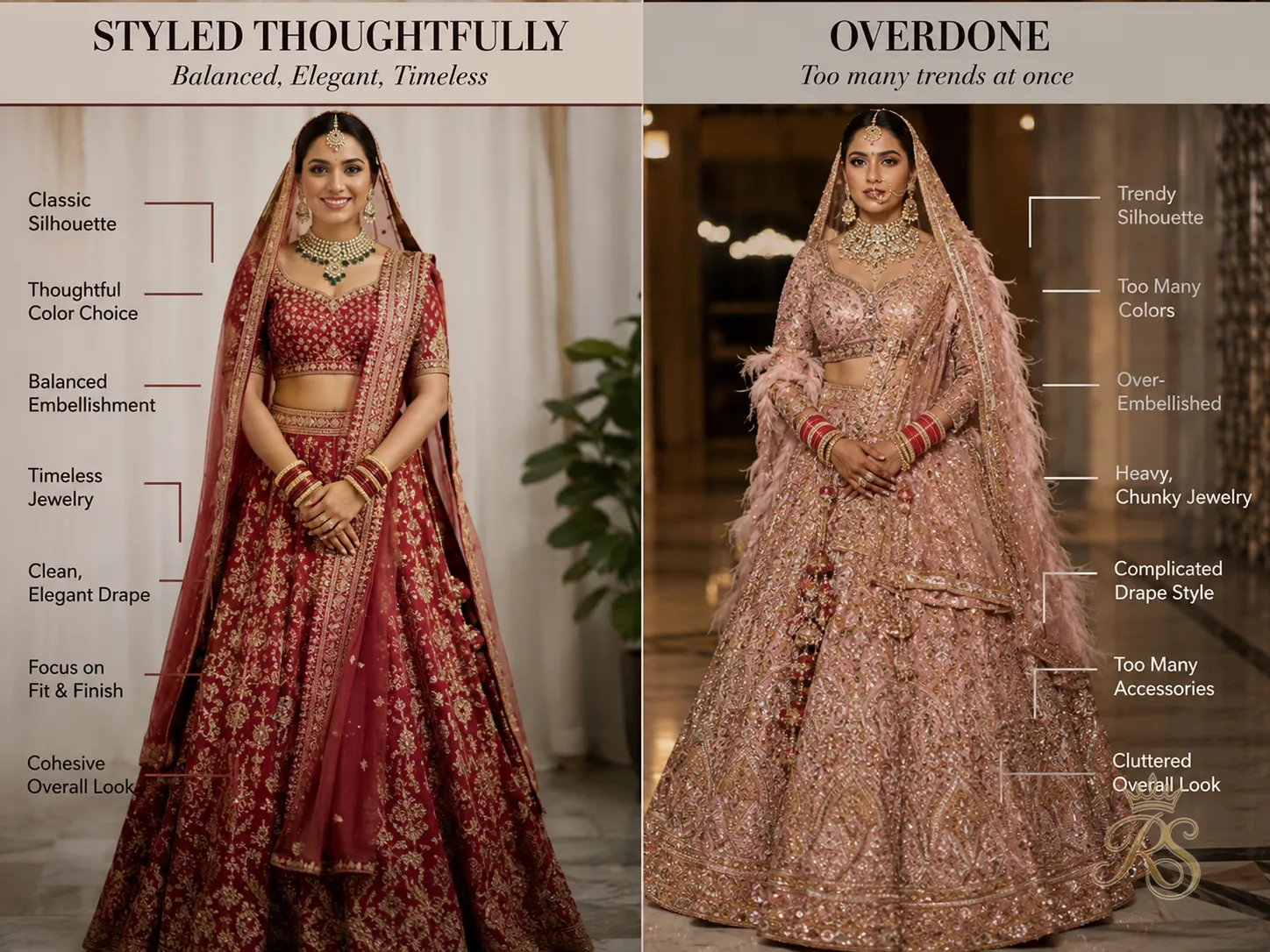 Comparison of a bridal lehenga trend styled thoughtfully versus overdone with too many trends at once