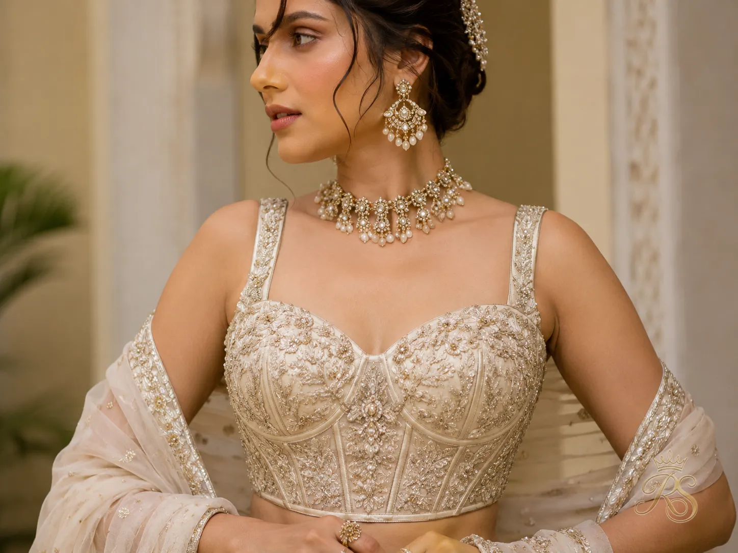 Corset-fit bridal blouse trend with structural boning and heavy embroidery
