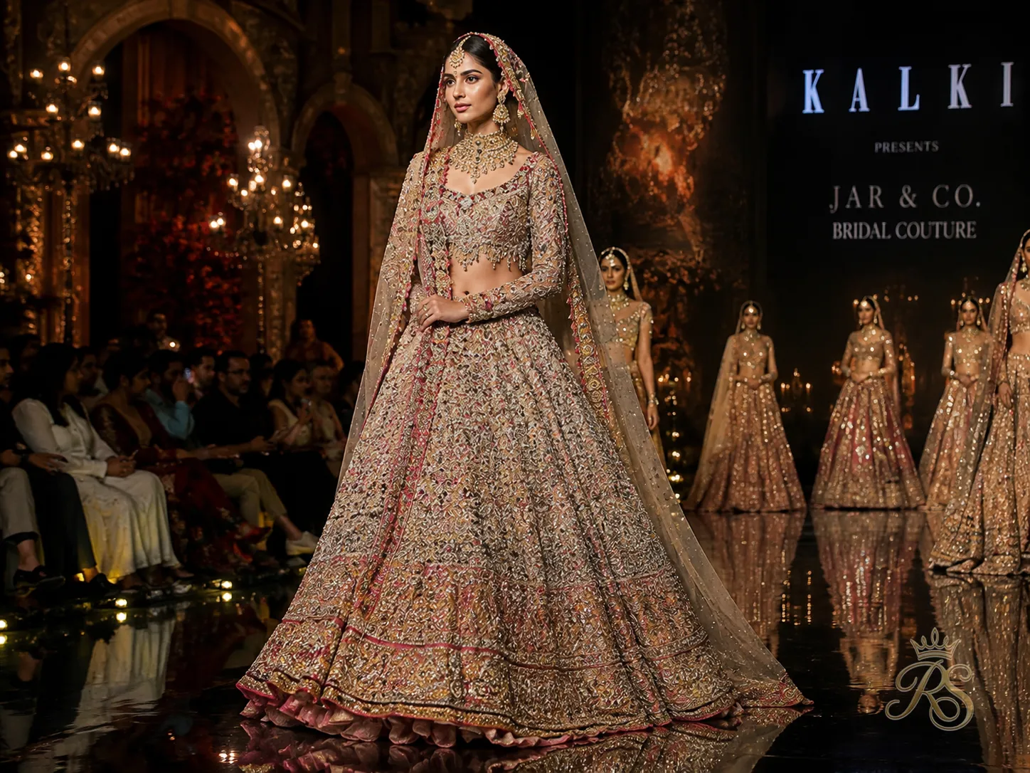 Bridal lehenga couture showcase on a designer runway with dramatic lighting