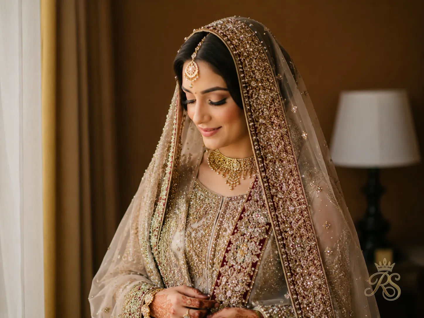 Bride wearing a double dupatta, one sheer and one heavily embroidered, layered together