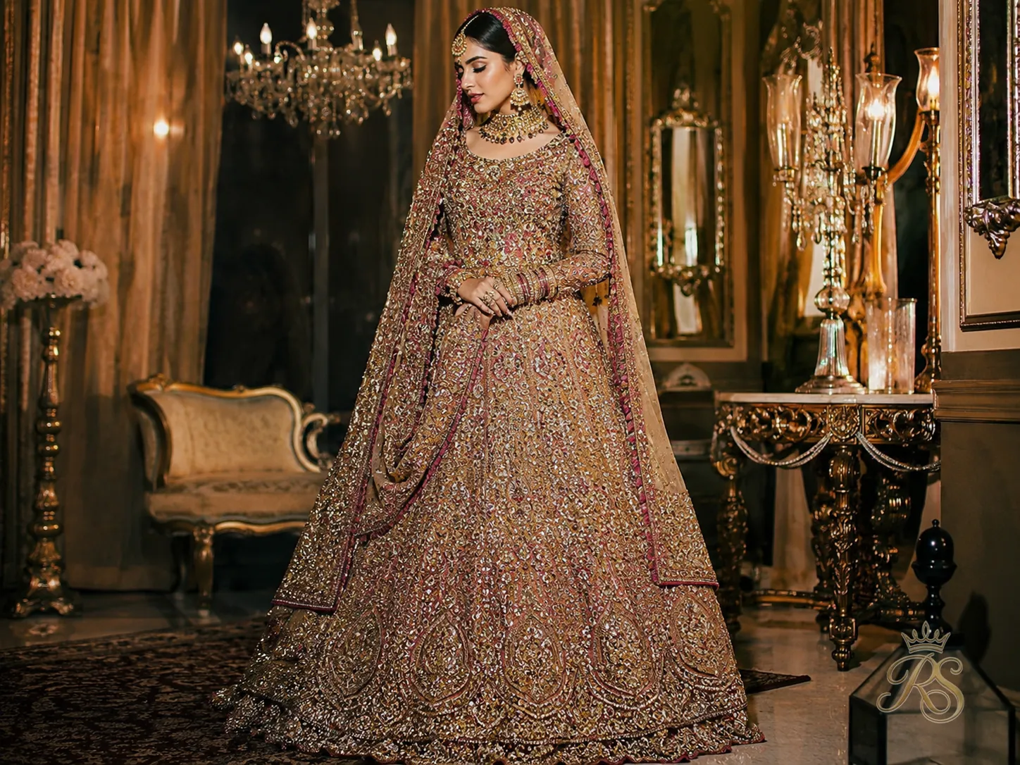 Maximalist heavily embellished bridal lehenga with layered embroidery and embellishment