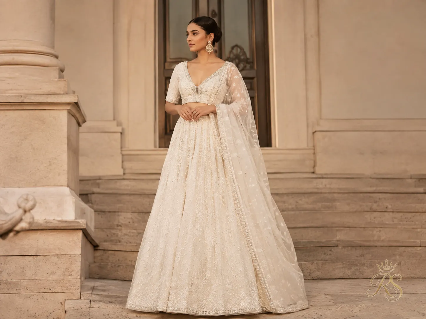 Minimalist bridal lehenga with clean lines and understated embroidery