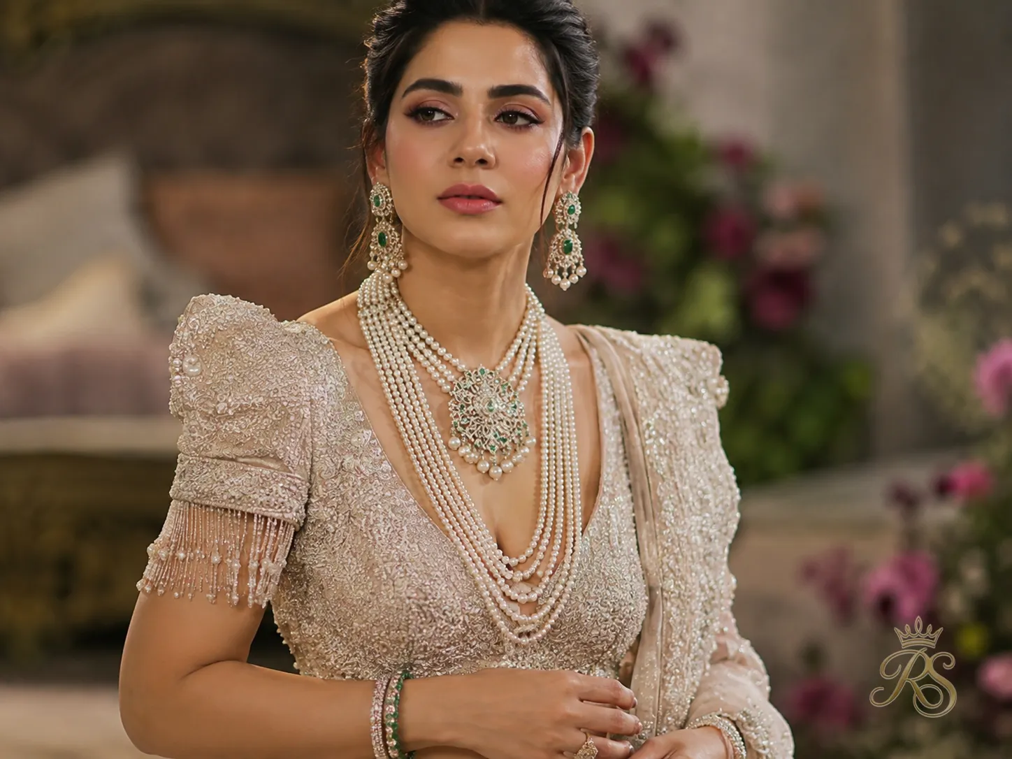 Multi-string pearl jewelry trend styled with a statement bridal blouse