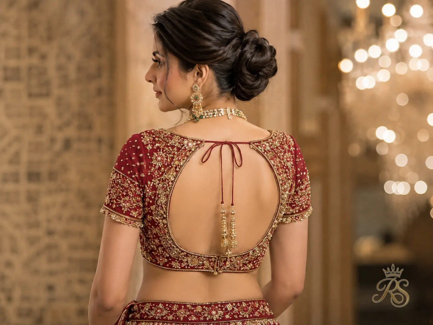 Bridal blouse trend styled without a dupatta, showing a decorative back design