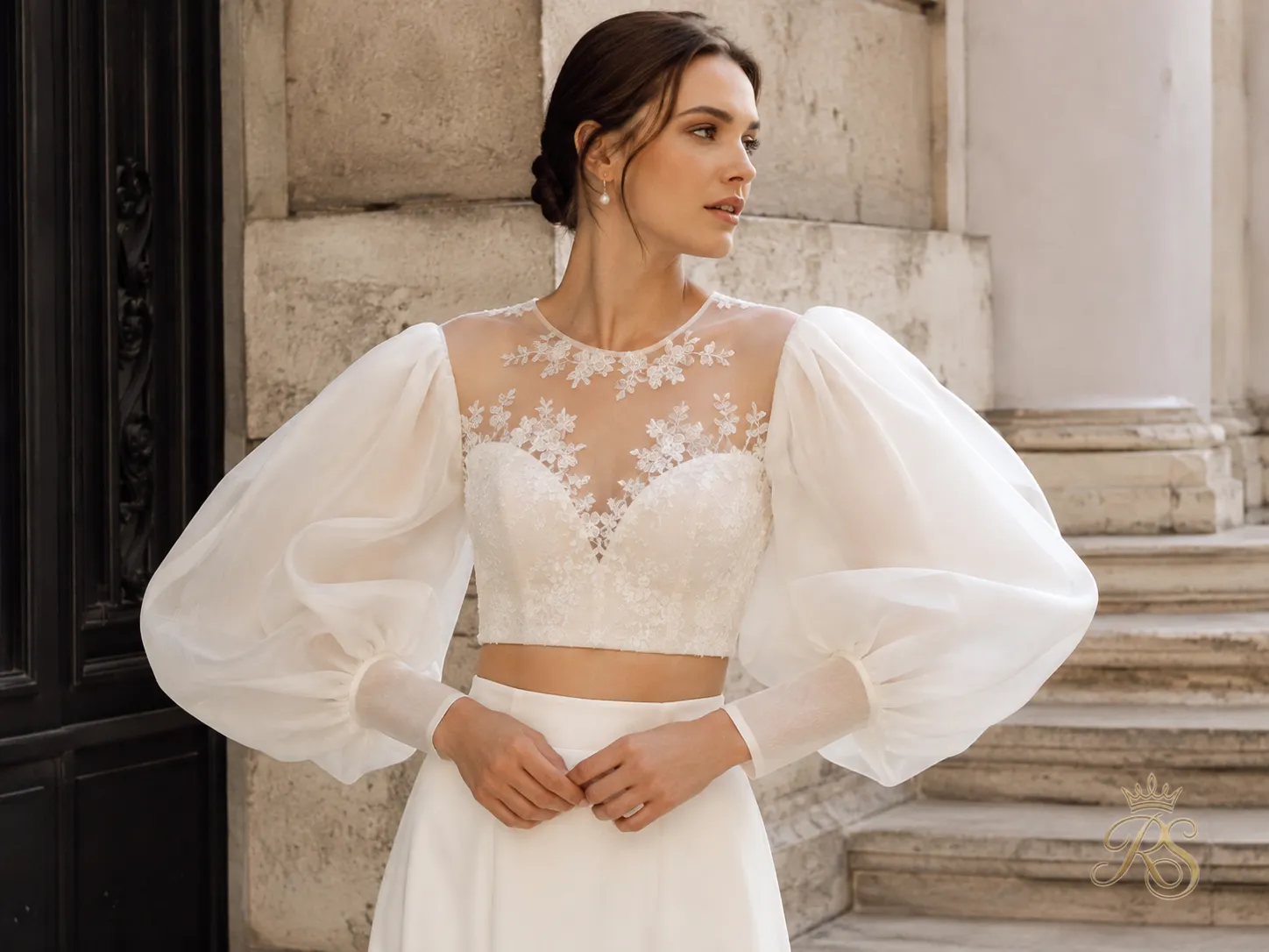 Bridal blouse trend with oversized dramatic sleeves and sheer panel