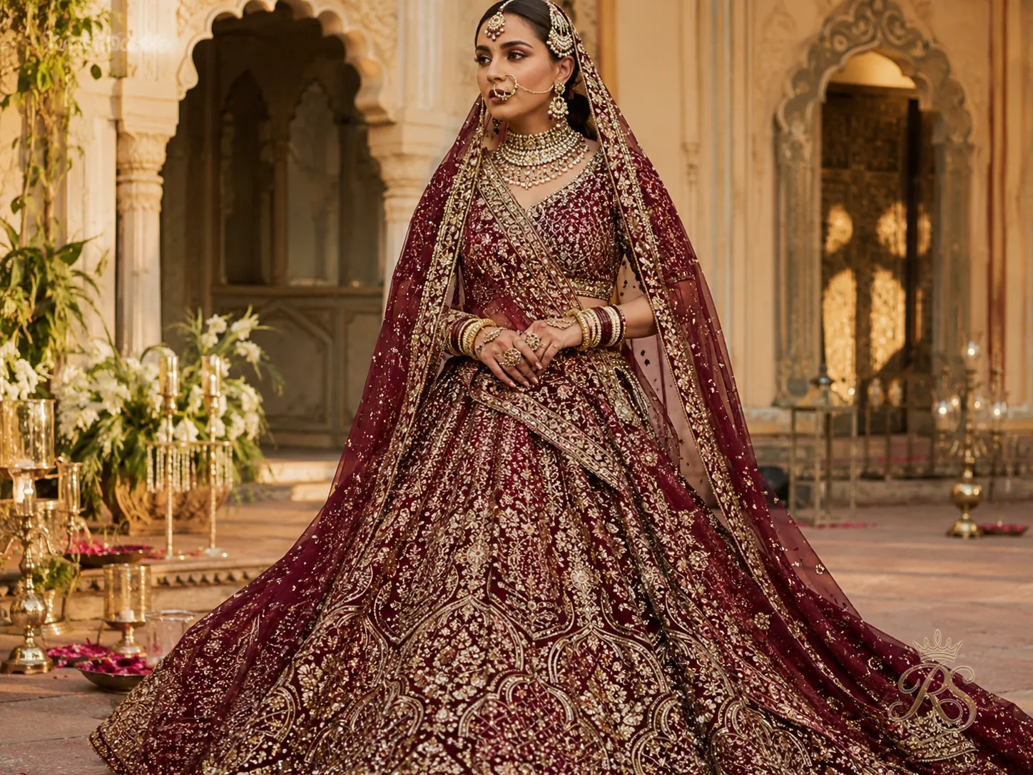 Polki and kundan bridal lehenga trend with uncut diamond-style gold work