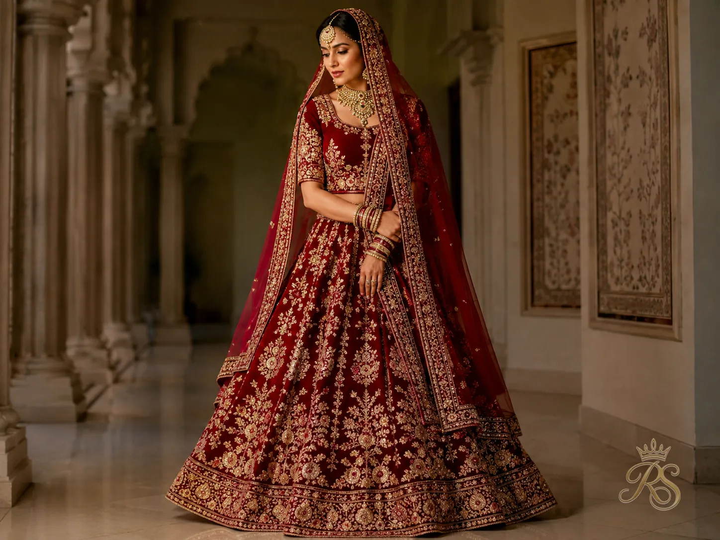 Deep royal red bridal lehenga with vintage-style hand thread work