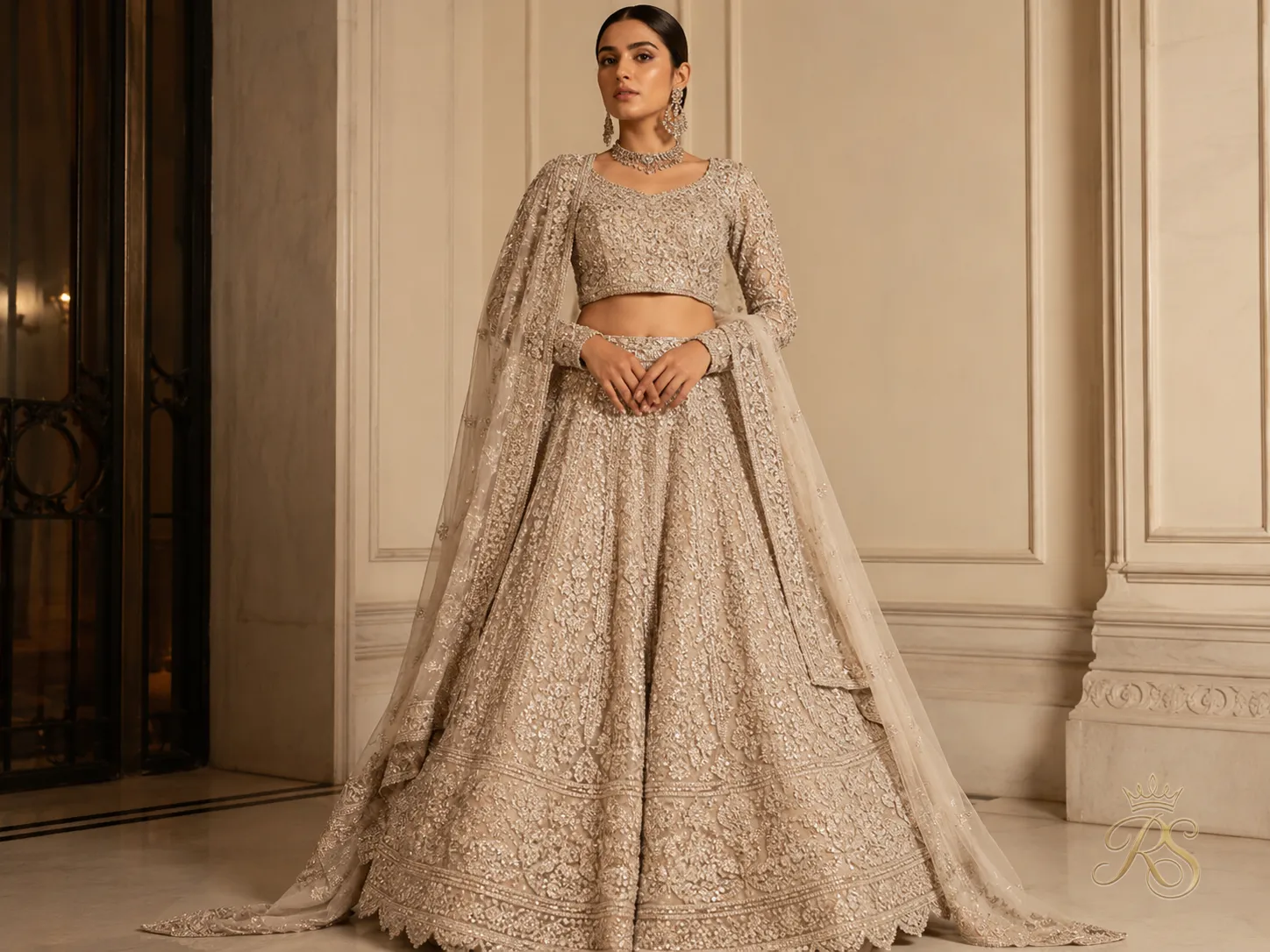 Tone-on-tone sequin and metallic thread embroidery on a bridal lehenga