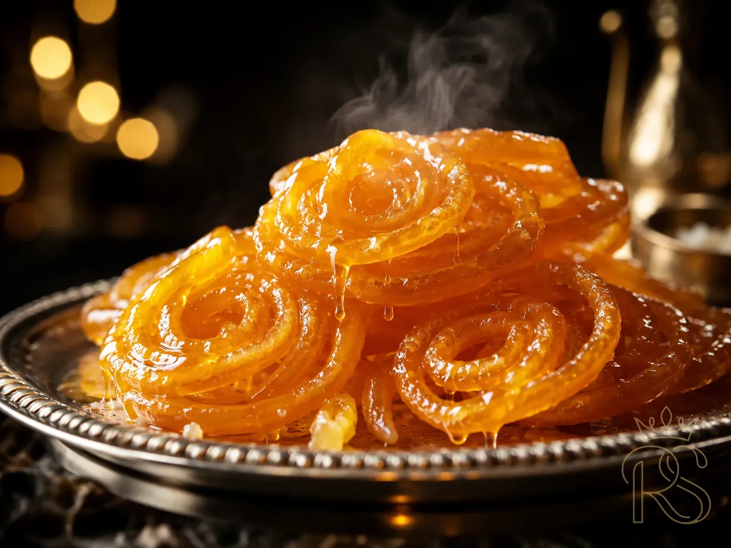 Macro close-up of freshly made golden jalebi dripping with sugar syrup on a silver thali, steam rising, dark background, bokeh warm fairy lights, food photography, selective focus, editorial style, rich warm tones