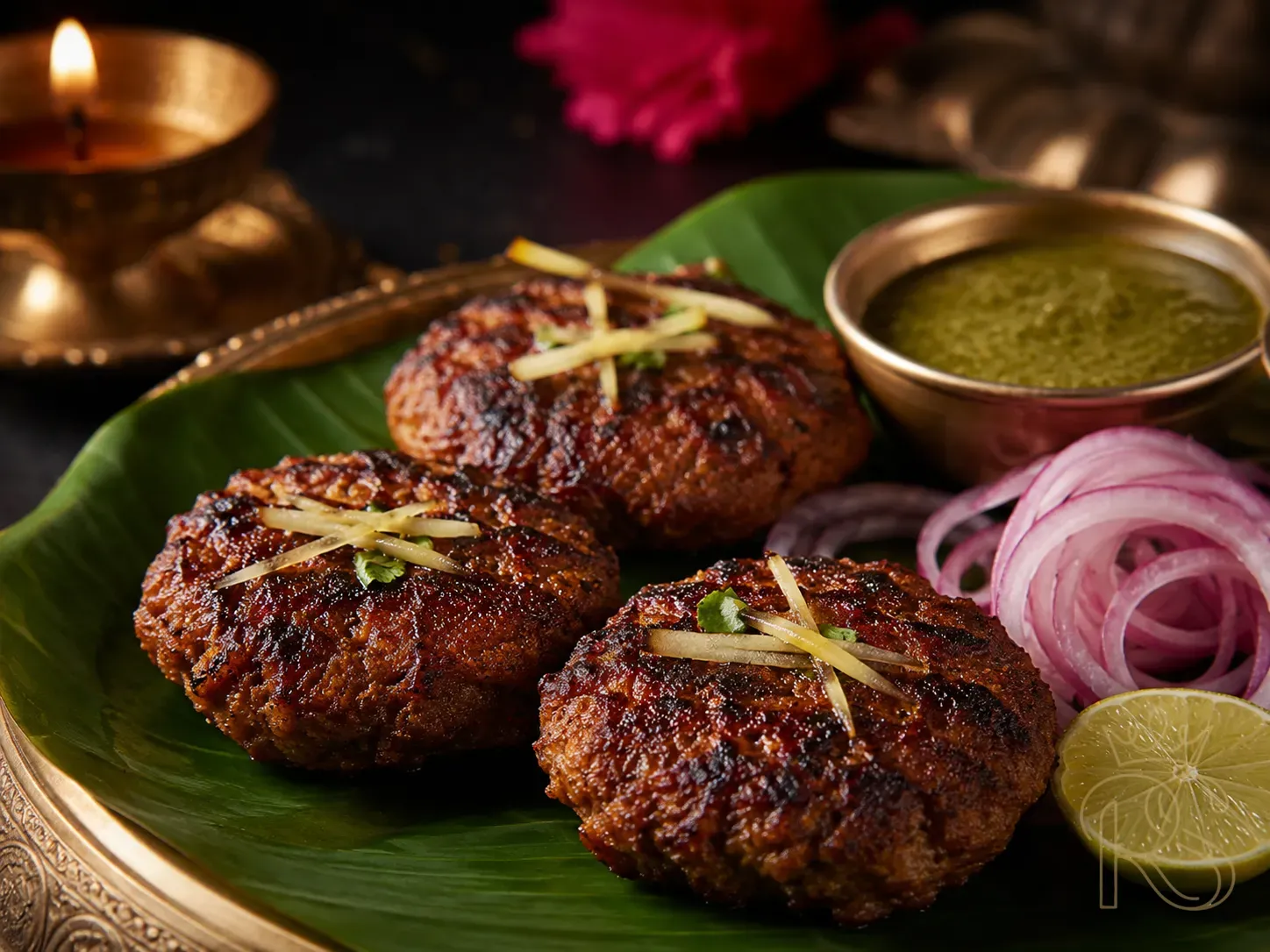 Macro close-up of three galouti kebabs on a banana leaf platter at an Indian wedding, perfectly browned and slightly charred, garnished with julienned ginger, sliced raw onion, a wedge of lime, and a small bowl of green chutney — dark background, warm candlelight, food photography, shallow depth of field, editorial style