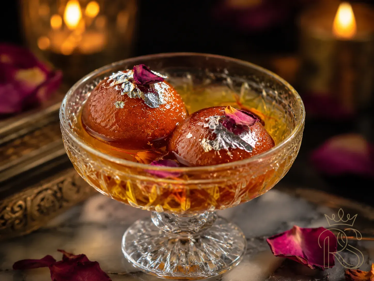 Two warm gulab jamun served in a small crystal glass at an Indian wedding dessert counter — dark caramel-brown rounds floating in rose-saffron syrup, garnished with a silver vark leaf and a dried rose petal, served on a marble surface, warm candlelight ambience, dark background, macro food photography, editorial style