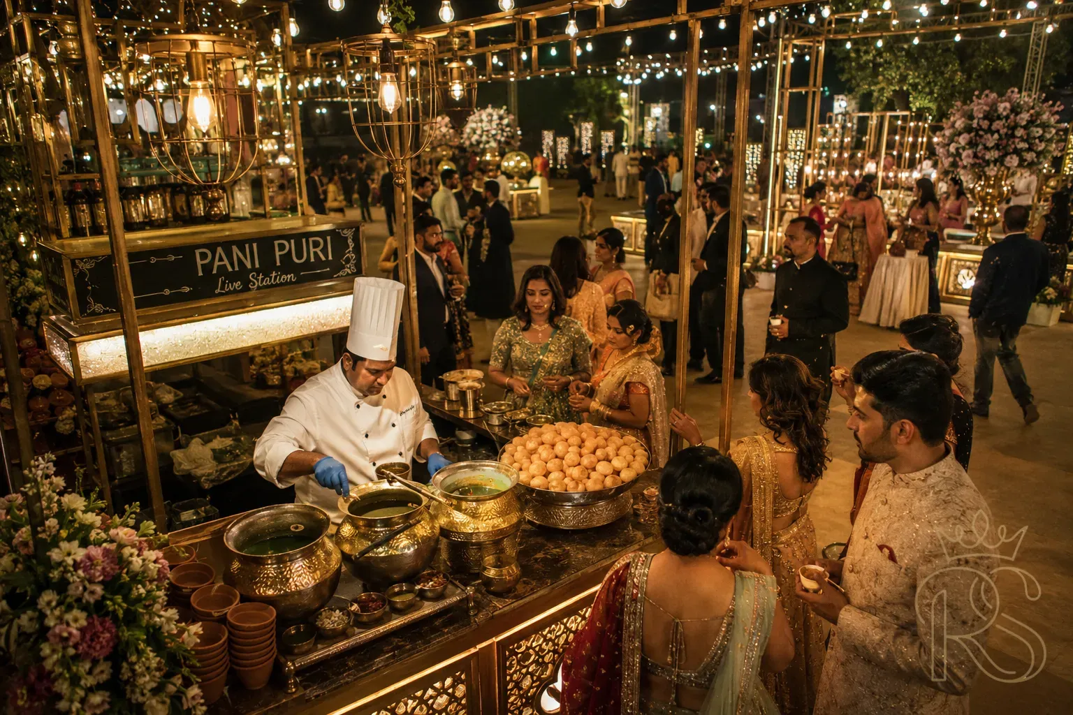 Indian wedding live food stations lit with warm string lights — chef serving pani puri to saree-clad guests at a glamorous reception