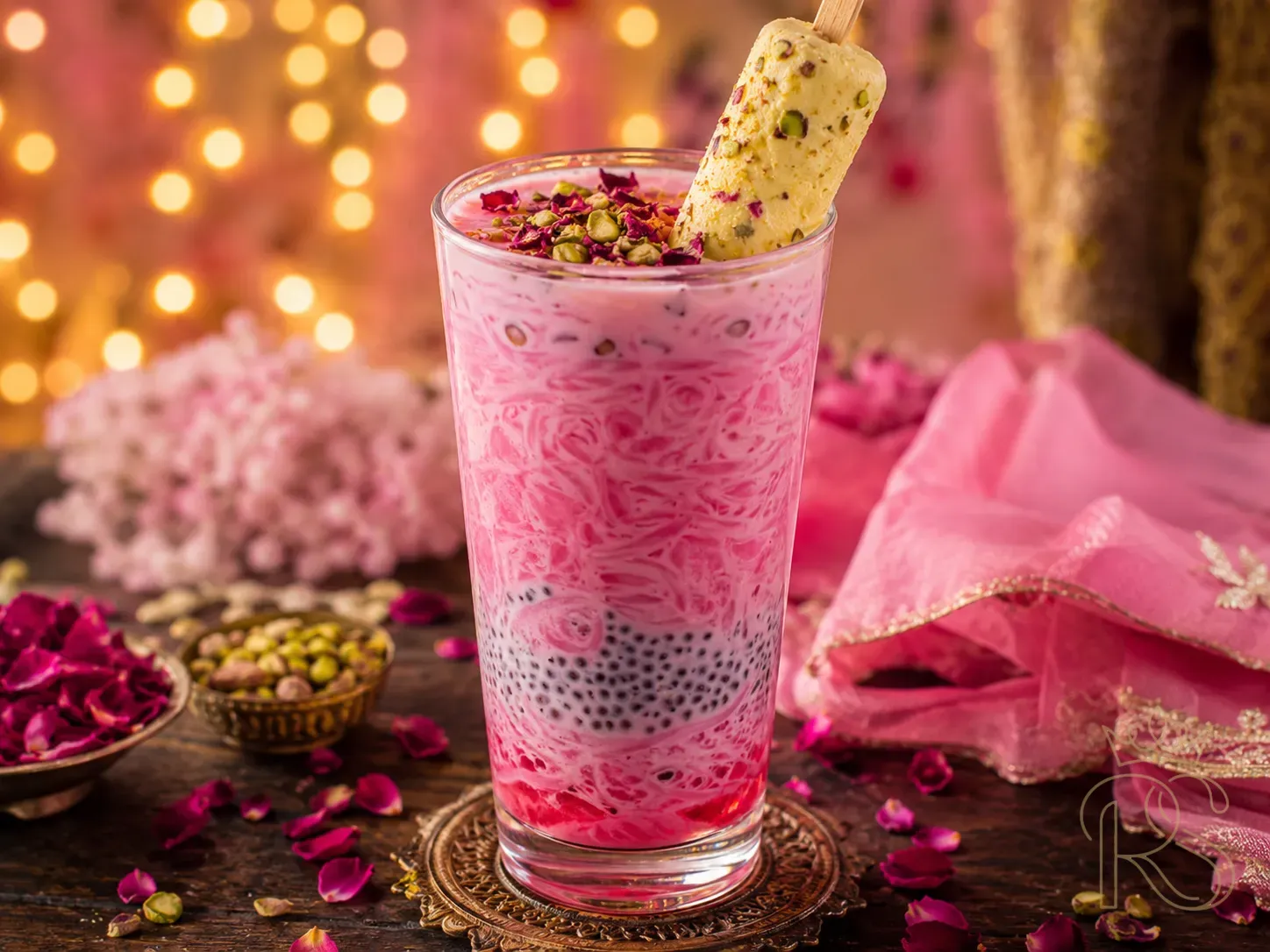 Tall glass of rose kulfi falooda at Indian wedding — layers of pink rose falooda noodles, basil seeds in syrup, a kesar pista kulfi stick inserted diagonally, garnished with chopped pistachios and dried rose petals, served on a dark wood surface with fairy light background, tall glass, food photography, pastel pink tones, editorial, dessert photography